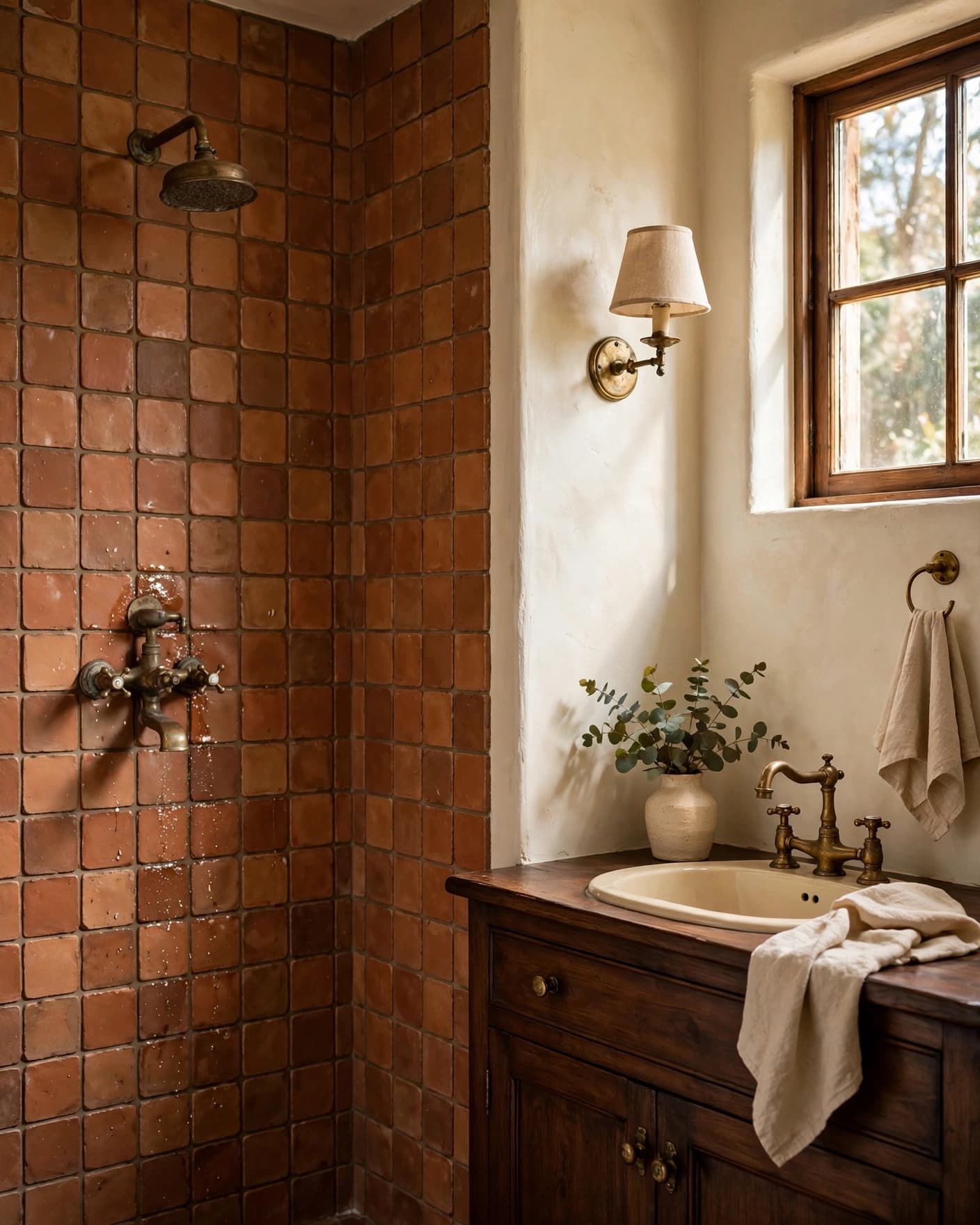 Bathroom with terracotta shower tiles, cream walls, and a dark wood vanity.