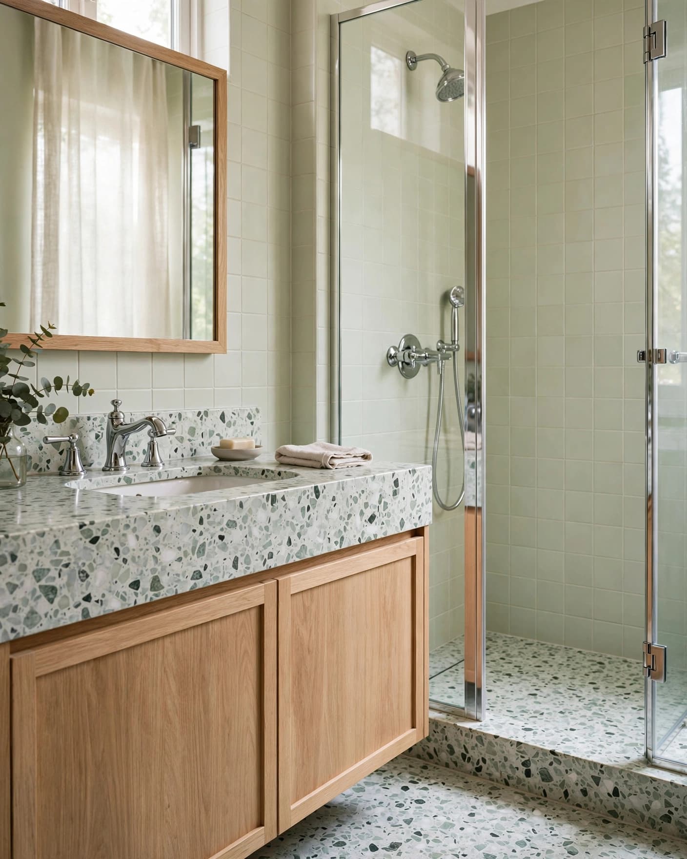 Bathroom with a terrazzo vanity, green tile walls, oak cabinet, and chrome fixtures.