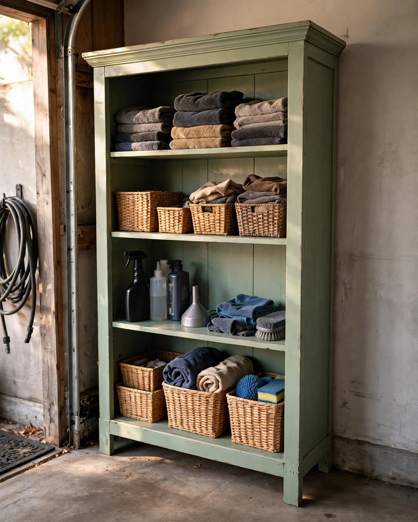A painted bookcase organizes car supplies, folded rags, and baskets in a clean garage.