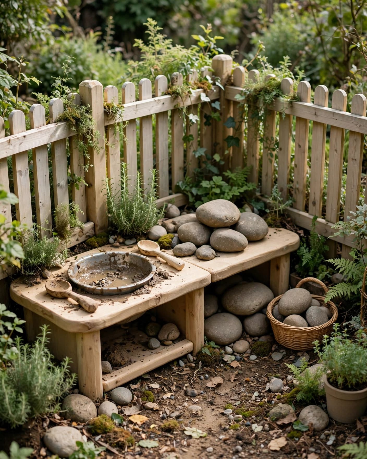 Small wooden mud kitchen with bowl, spoons, and stones in a fenced garden corner.