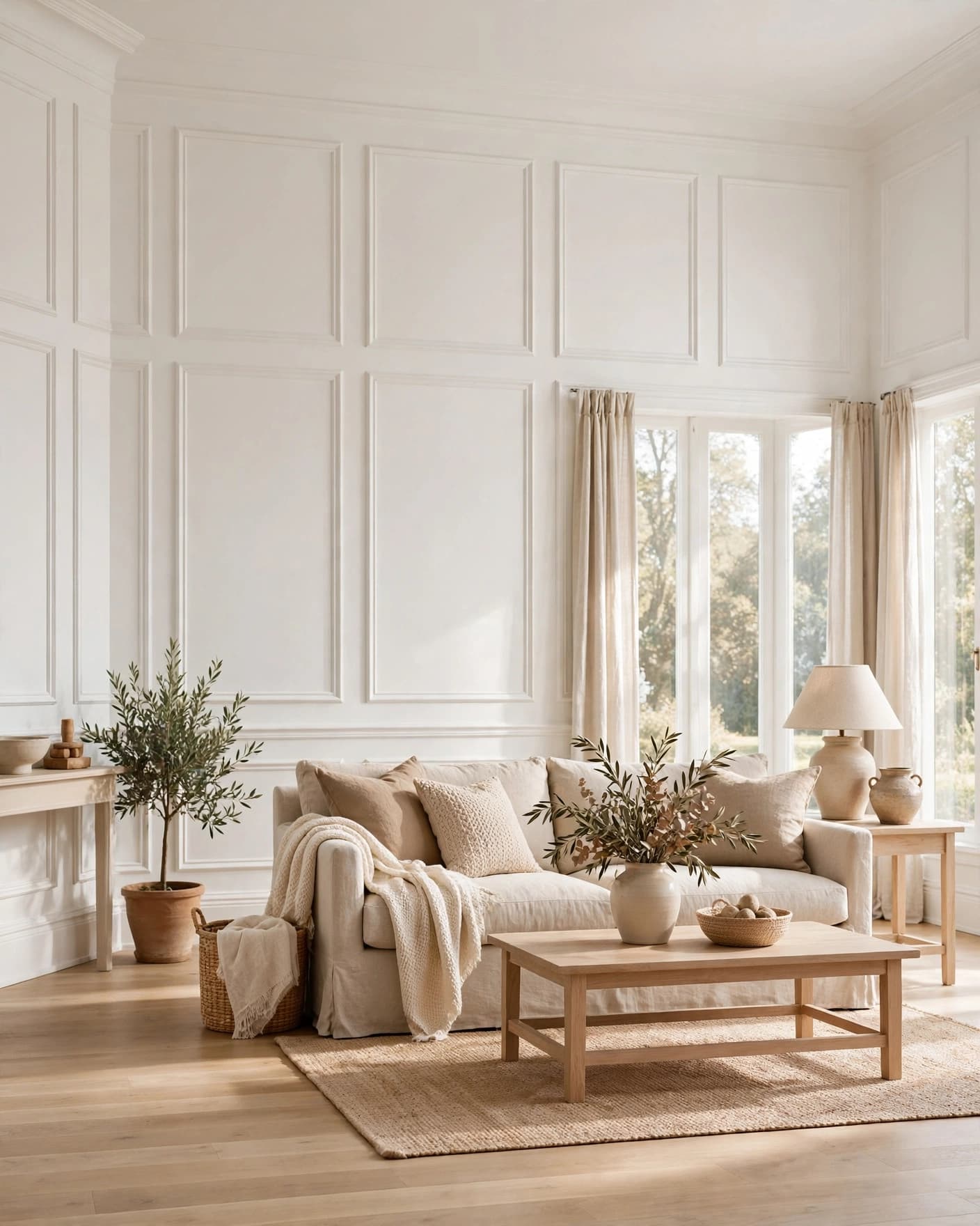White paneled walls frame a linen sofa in a bright living room.