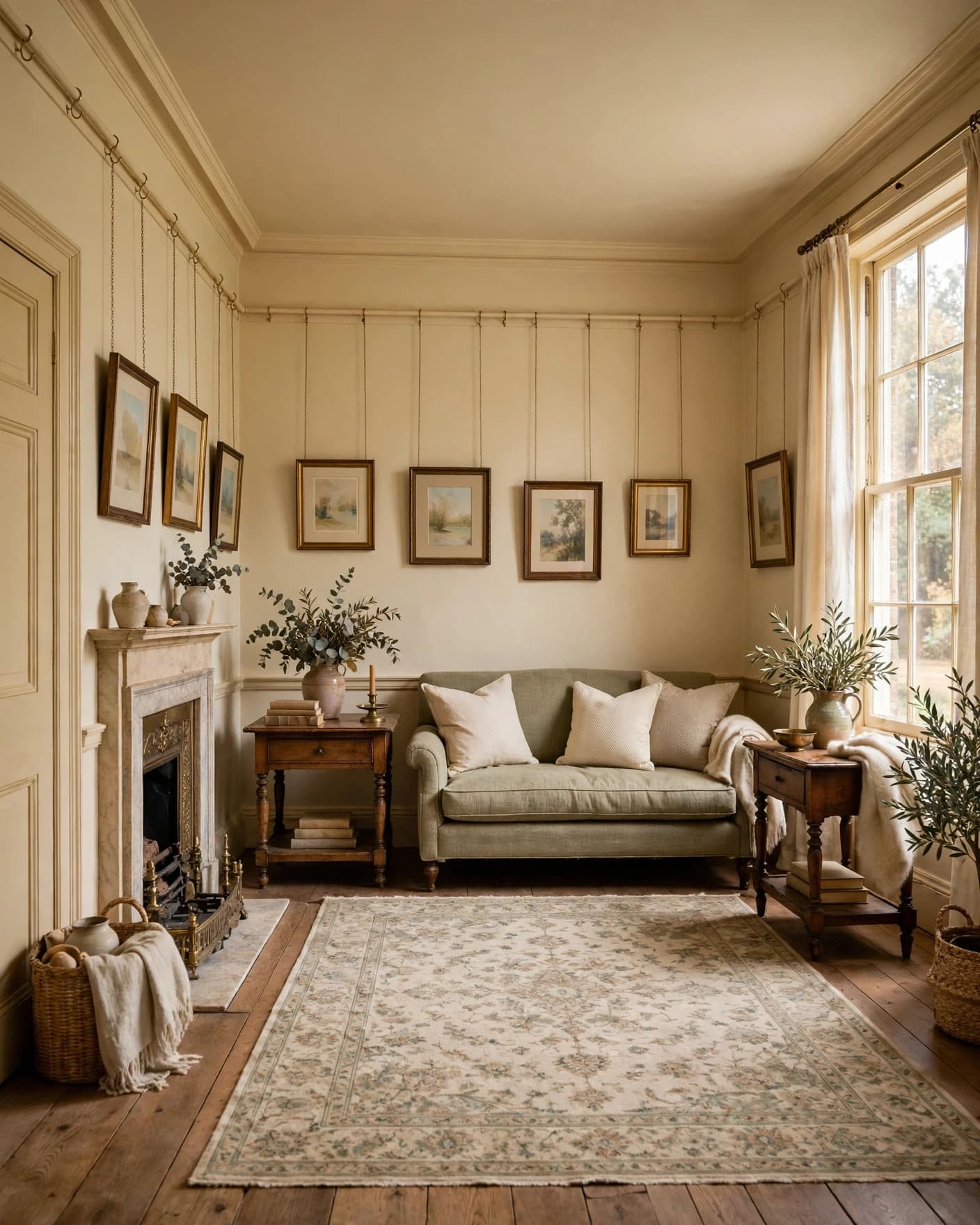 A cream parlor with high wall molding, framed art, a sofa, and an antique table.