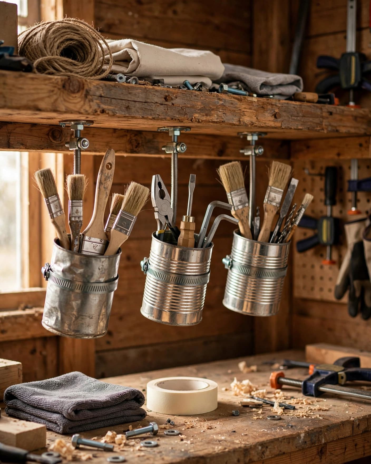 Recycled coffee cans under a shelf hold paintbrushes and small tools.