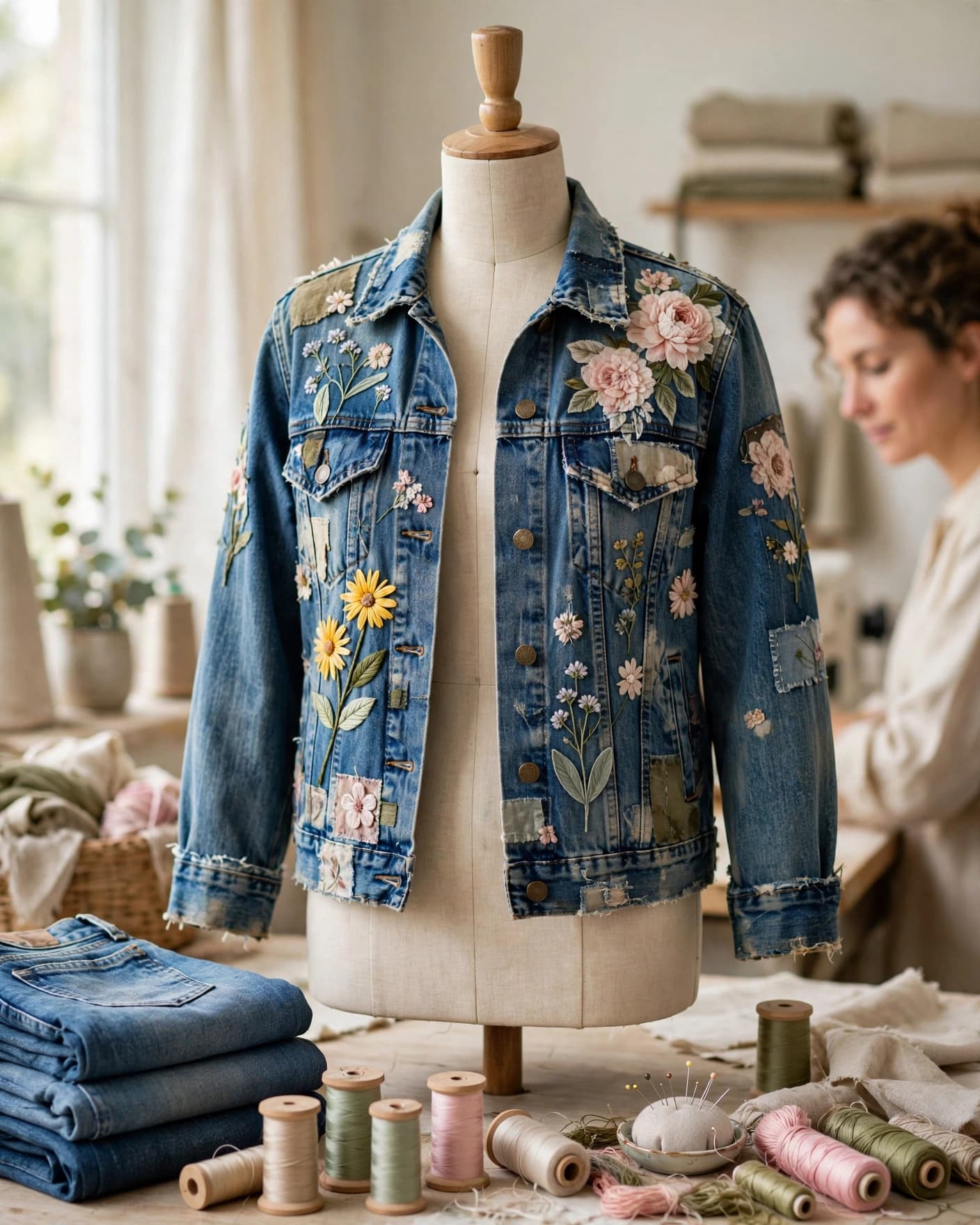 An embroidered denim jacket displayed on a dress form beside folded jeans and thread.