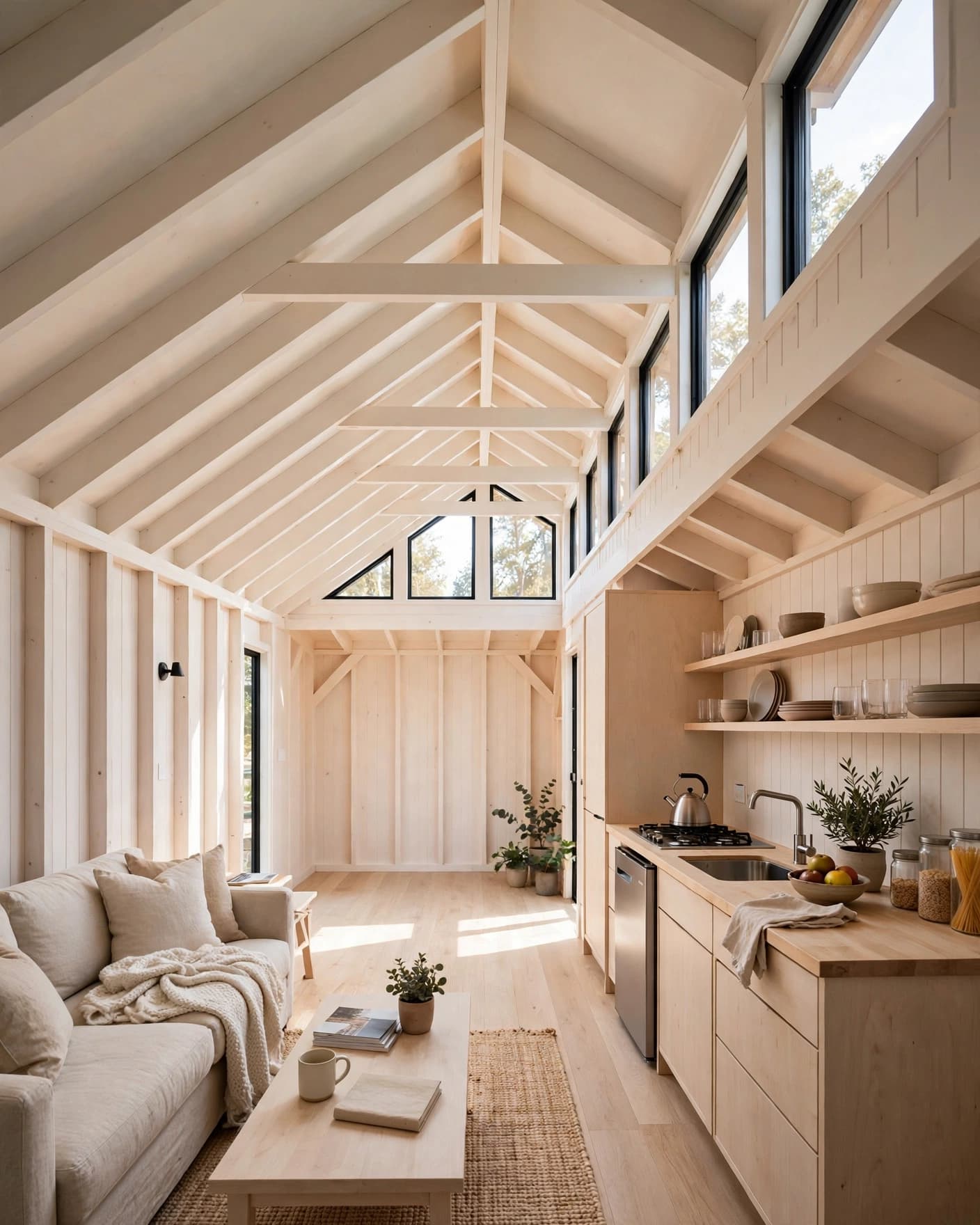 A compact living area and kitchen sit beneath warm-white vaulted rafters.