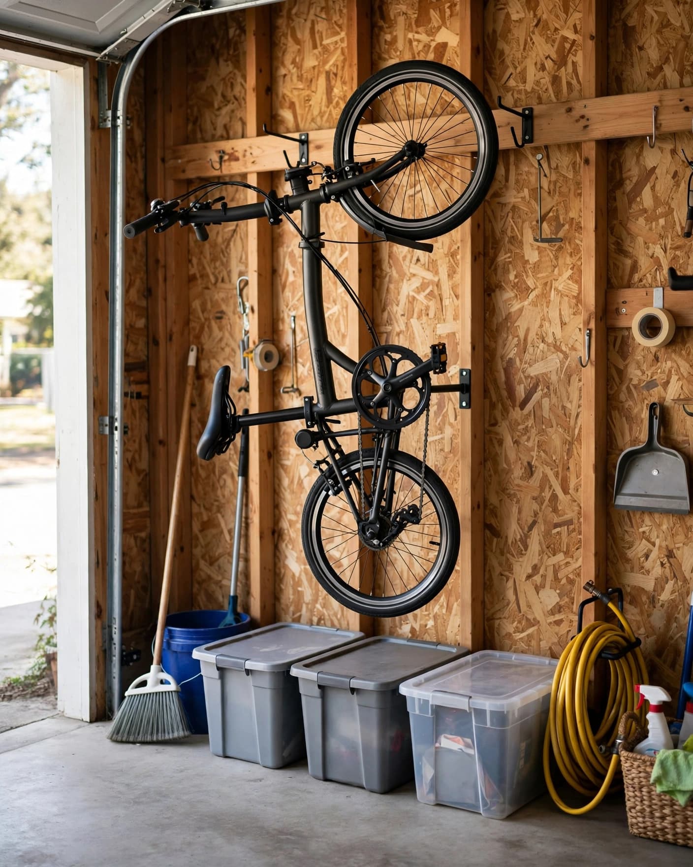 A bicycle hangs on garage wall hooks above open space for storage bins.