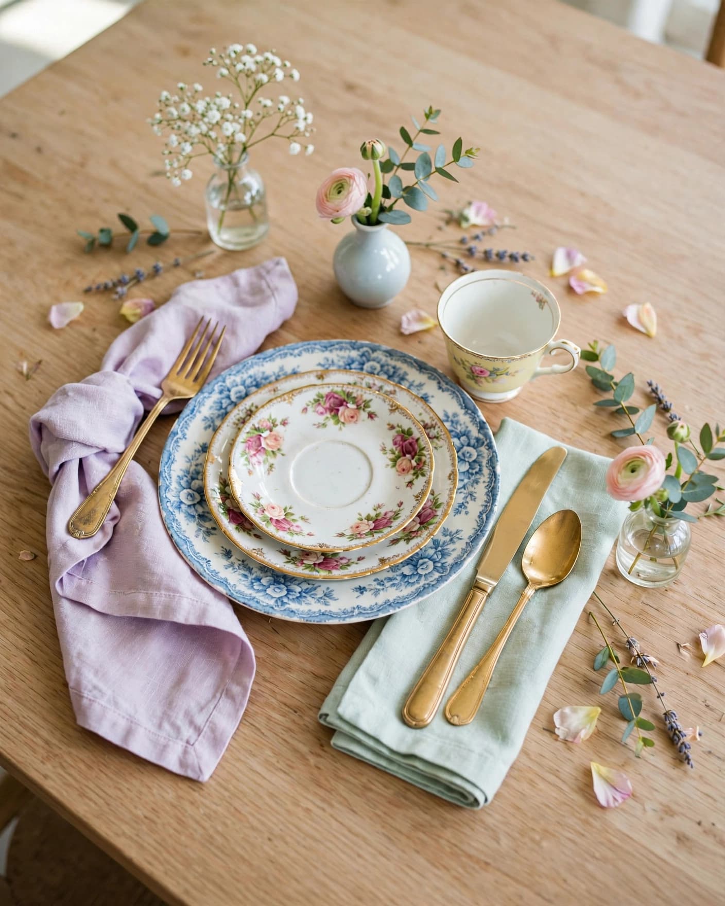 A vintage table with mismatched china, pastel napkins, gold flatware, and small flower vases.