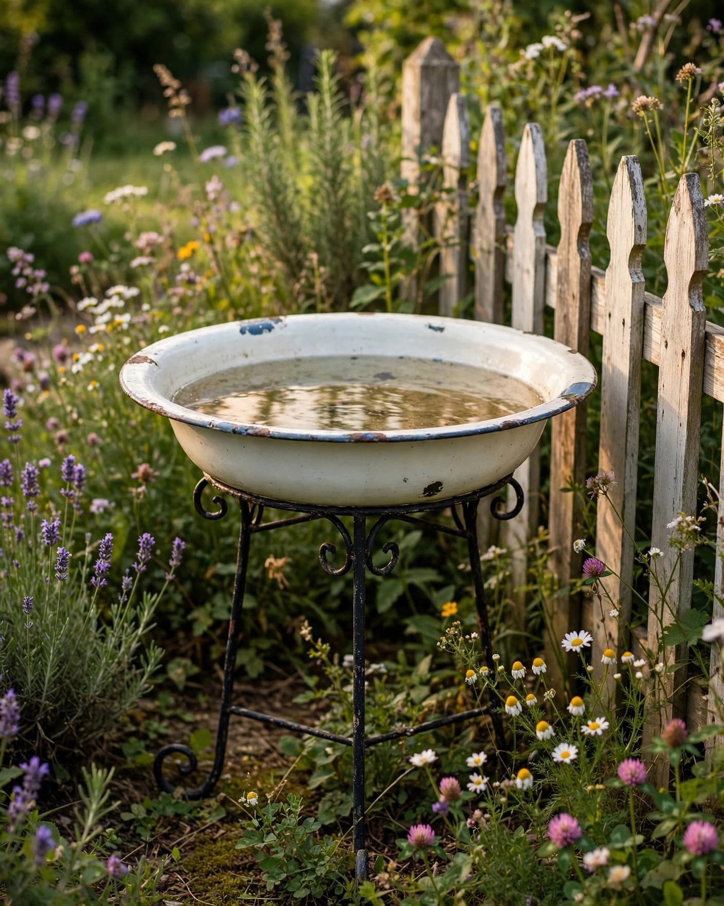 A vintage basin bird bath stands beside a picket fence and wildflowers.