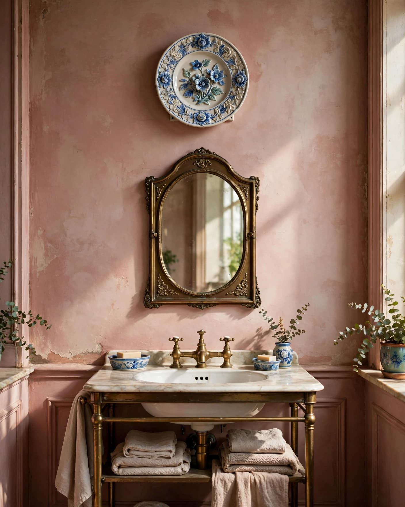 Blue floral ceramic plate above a console sink in a vintage bathroom.