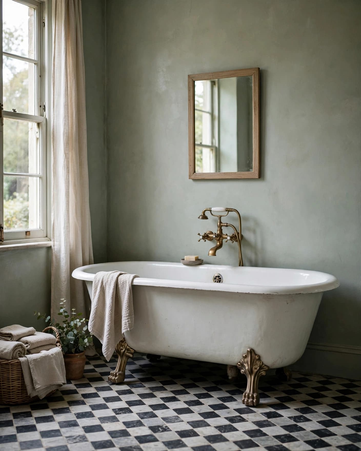Vintage clawfoot tub in a sage green bathroom with a brass faucet.