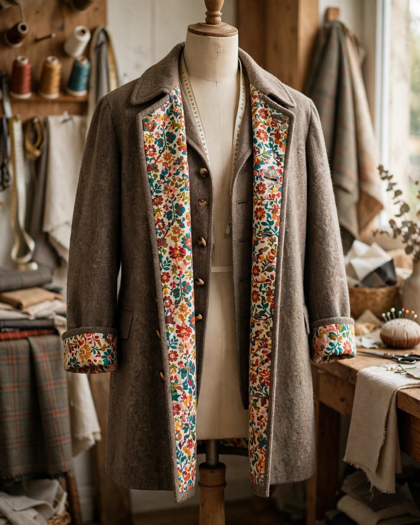 A vintage wool coat on a dress form with bright patterned lining showing.
