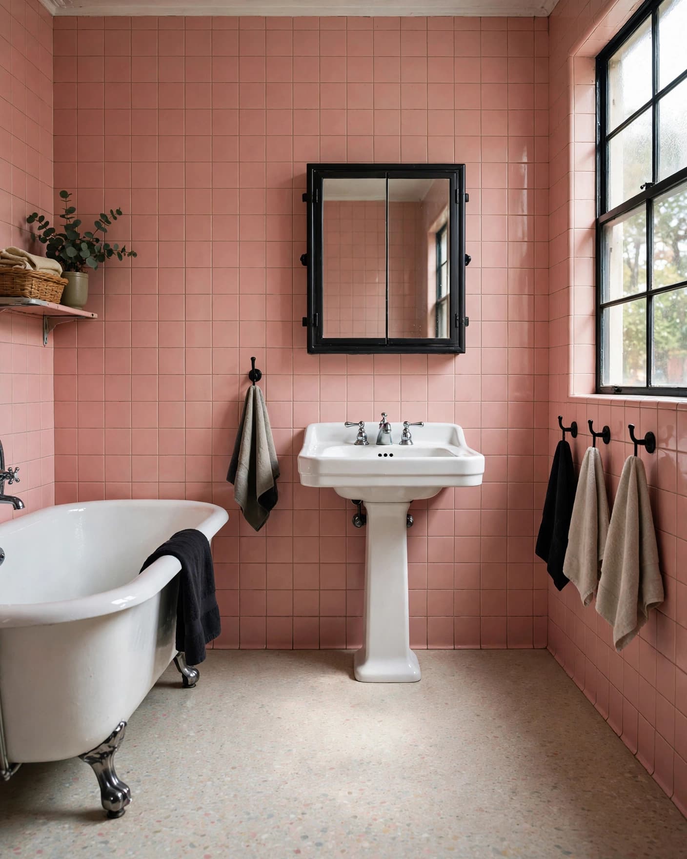 Vintage pink bathroom with black fixtures, a white sink, and terrazzo flooring.