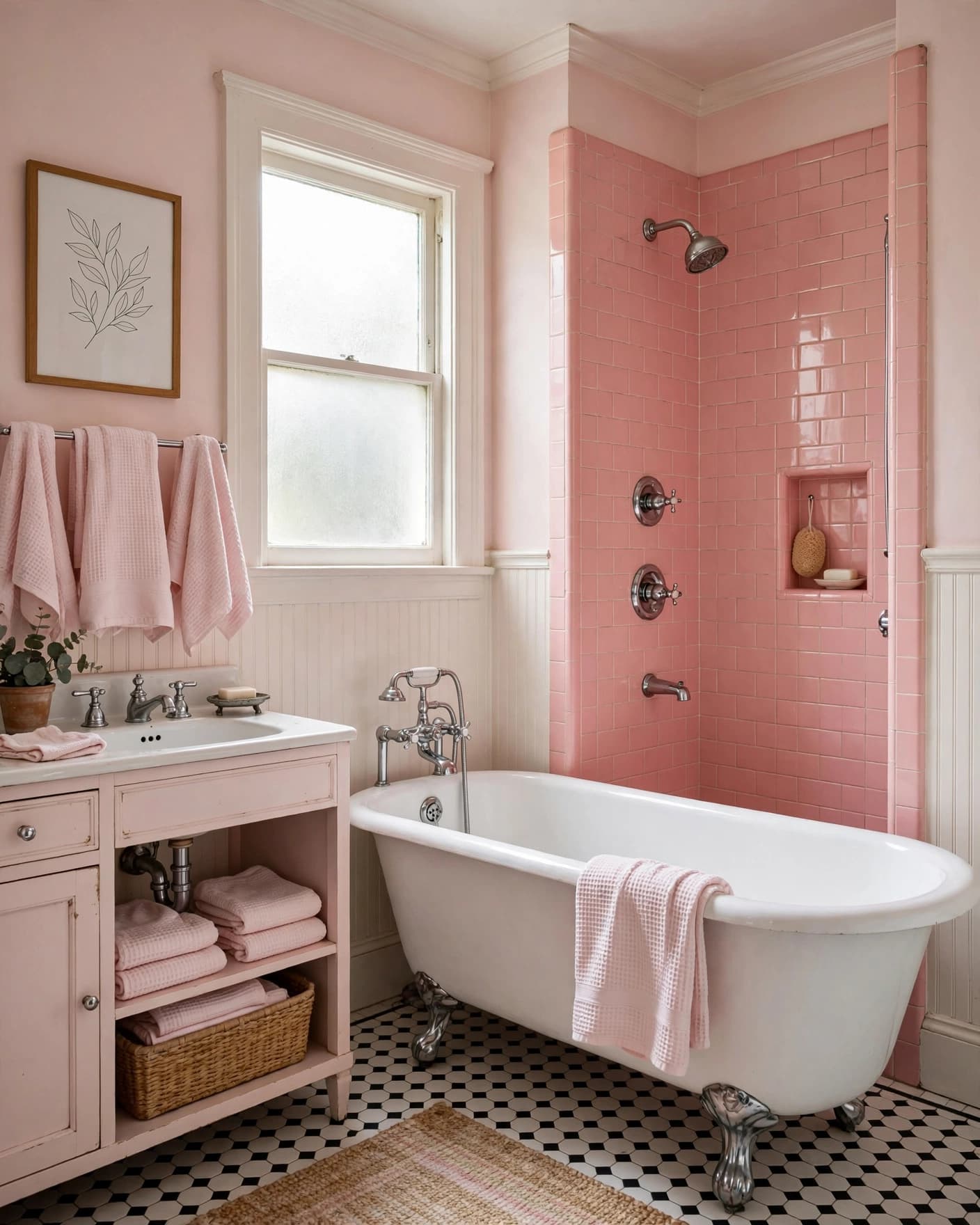 Vintage pink bathroom with a tiled shower, white tub, and pale pink towels.