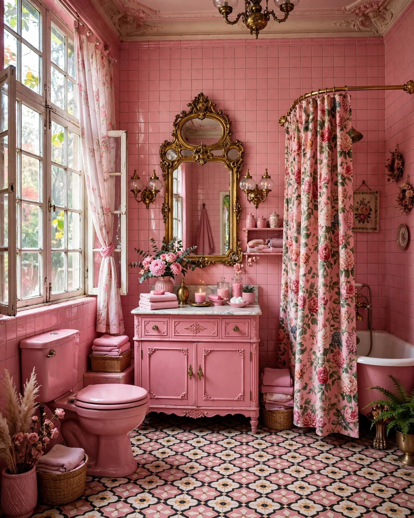 Vintage pink bathroom with floral shower curtain, gold mirror, vanity, and patterned floor.