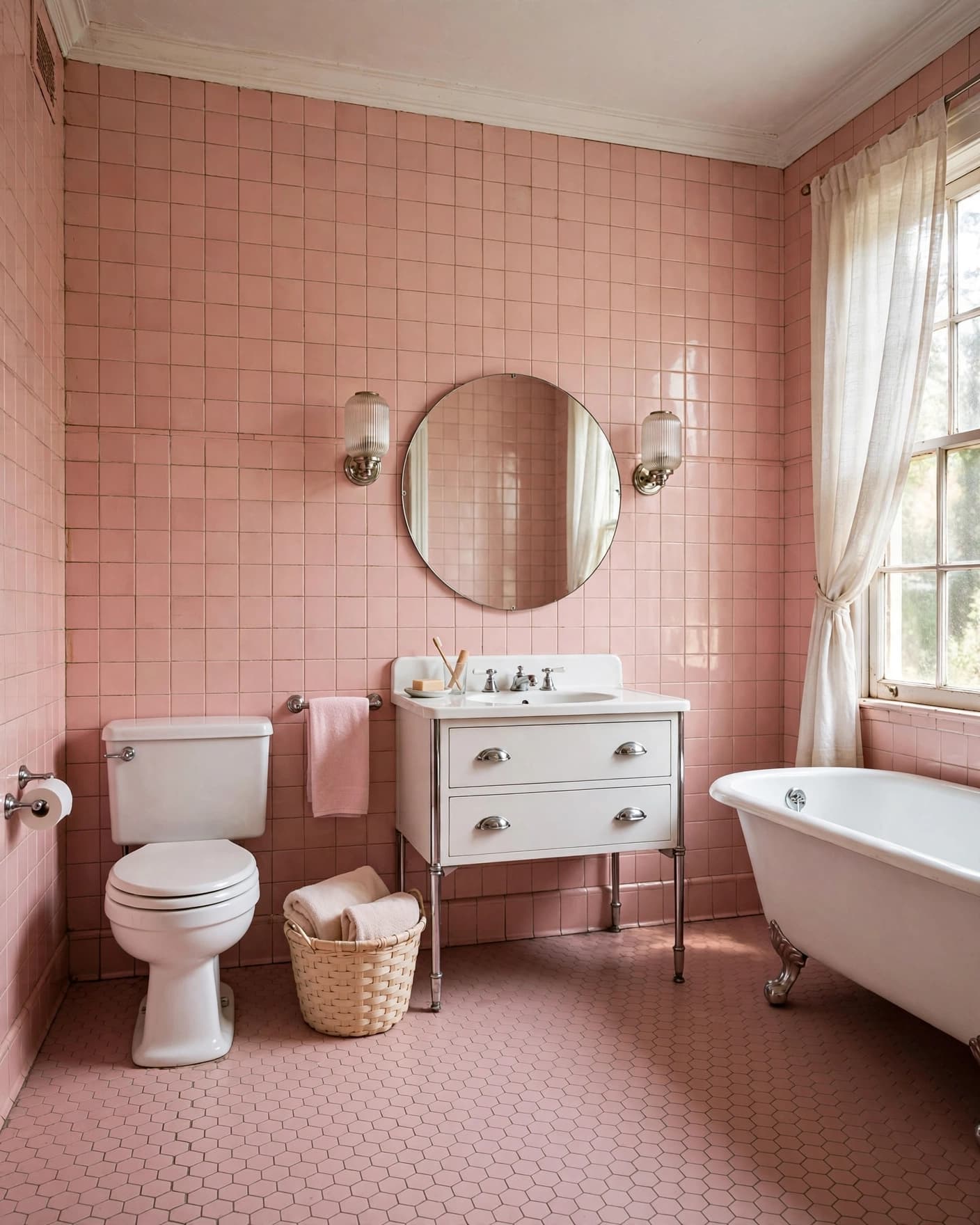 Pink tiled bathroom with a white vanity, round mirror, and ribbed glass wall lights.