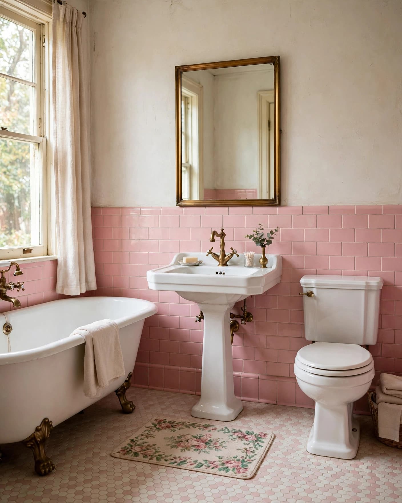 Vintage pink bathroom with a white sink, brass faucet, mirror, and floral floor mat.