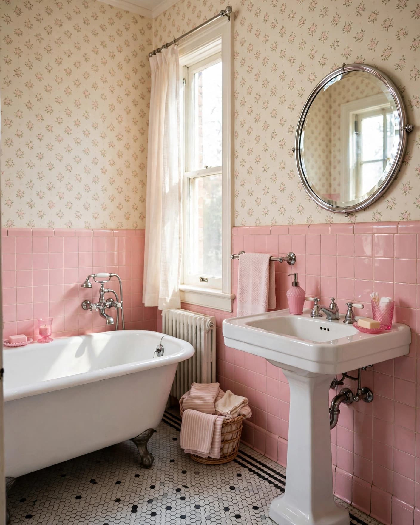 Vintage bathroom with pink tile, floral wallpaper, pedestal sink, and chrome fixtures.