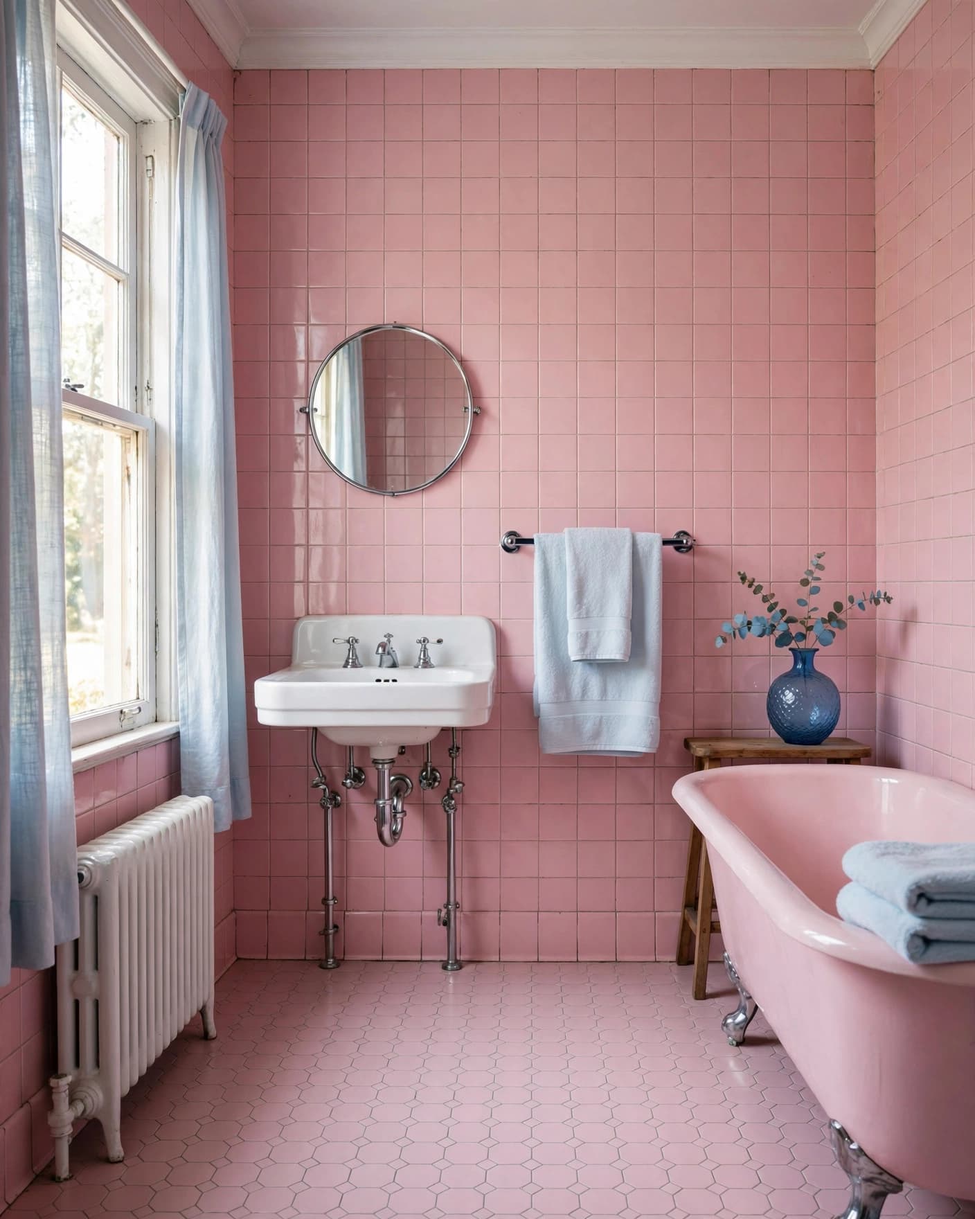 Vintage pink bathroom with blue towels, a glass vase, and exposed chrome plumbing.