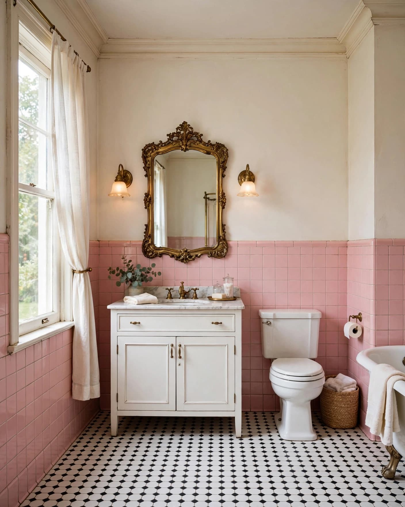Vintage pink bathroom with brass accents, white walls, and a white vanity.