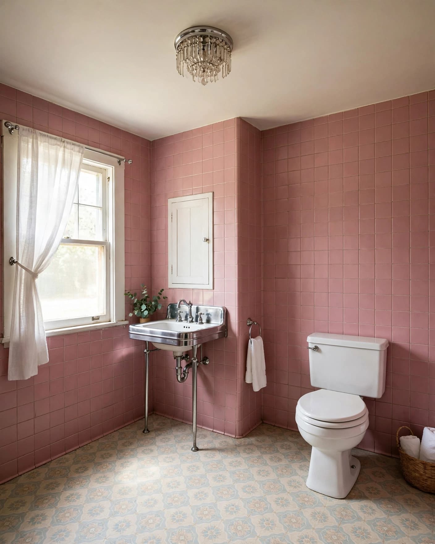 Vintage pink bathroom with a crystal ceiling light, chrome sink, white toilet, and patterned floor.