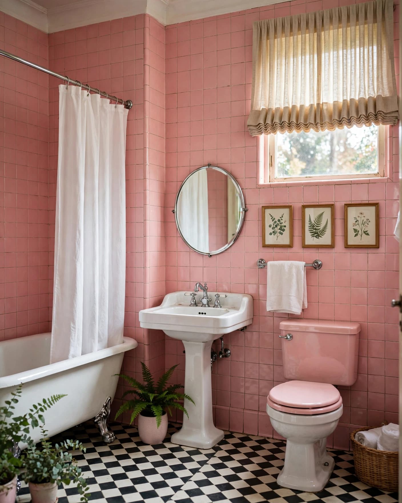 Vintage pink bathroom with botanical prints, chrome fixtures, and a white shower curtain.