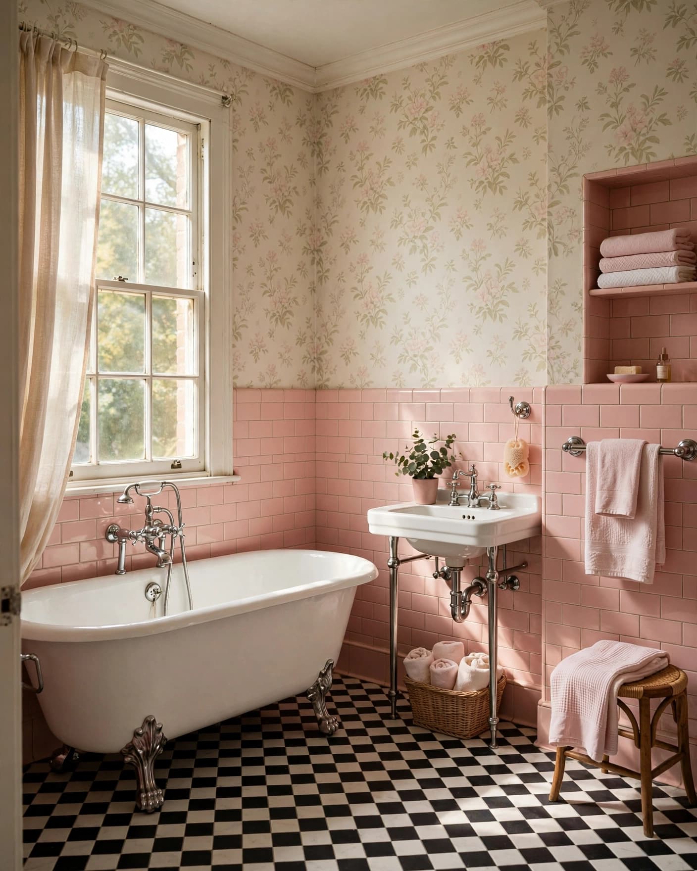 Vintage bathroom with a white clawfoot tub, pink tile, and warm window light.