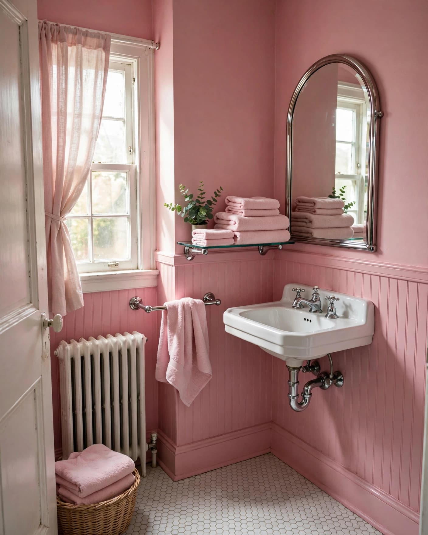 Compact pink bathroom with a corner sink, arched mirror, glass shelf, and pink towels.