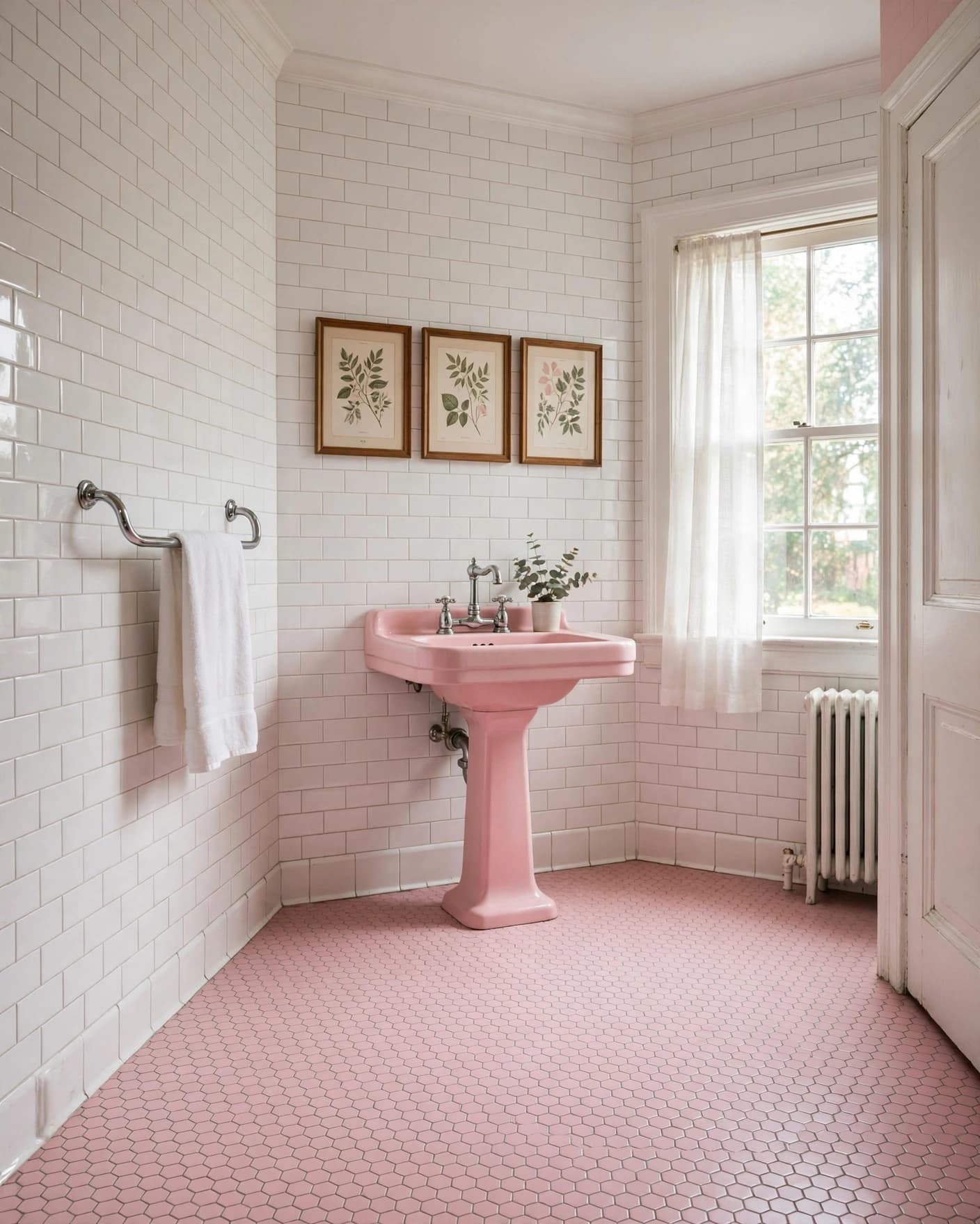 Vintage bathroom with pink hexagon tiles, a pedestal sink, and botanical artwork.