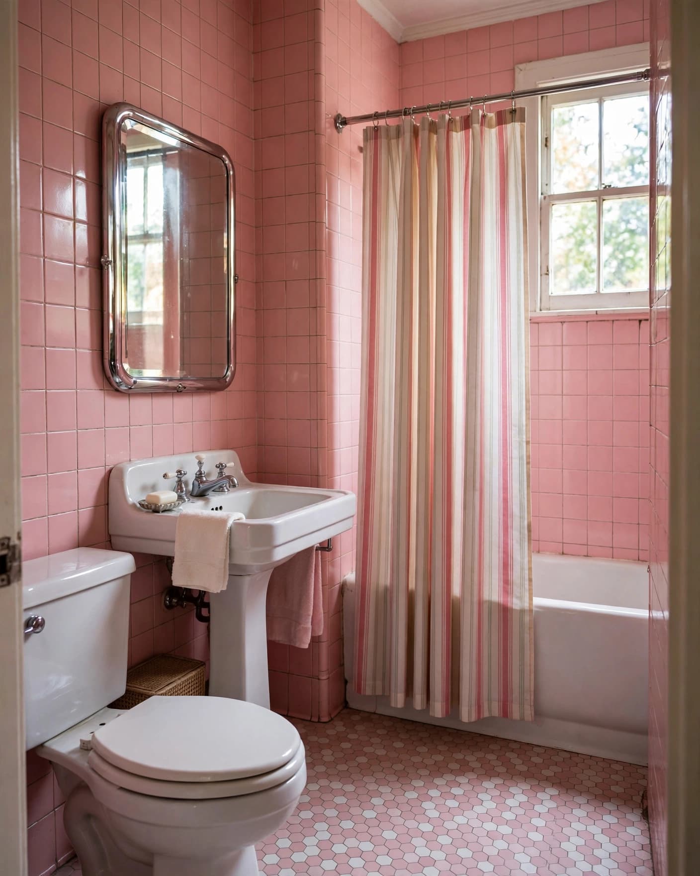 Narrow pink bathroom with a striped shower curtain, white toilet, and pedestal sink.