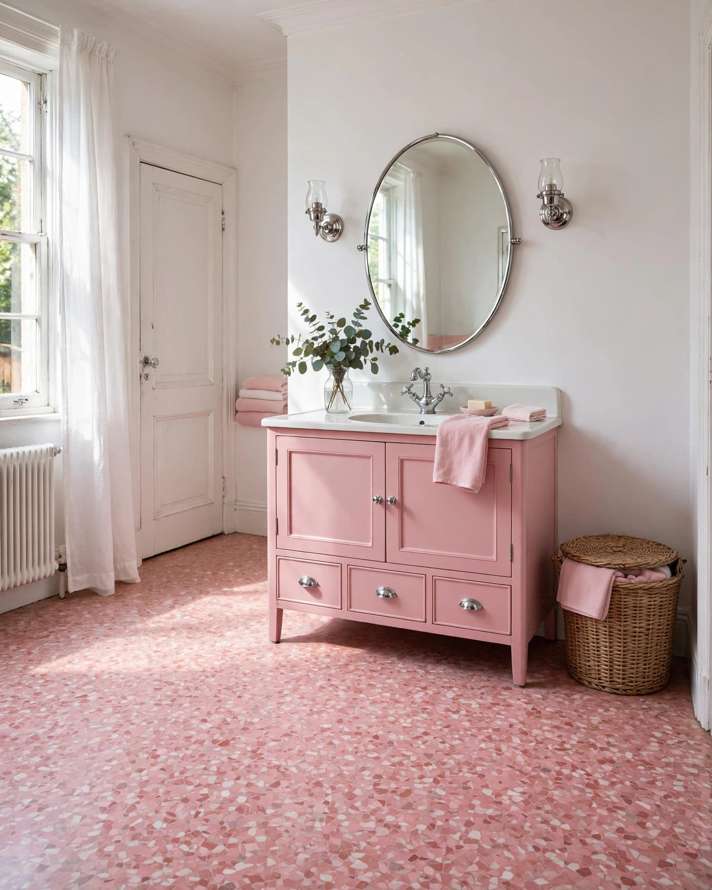 Vintage pink bathroom with a terrazzo floor, rose vanity, oval mirror, and woven hamper.