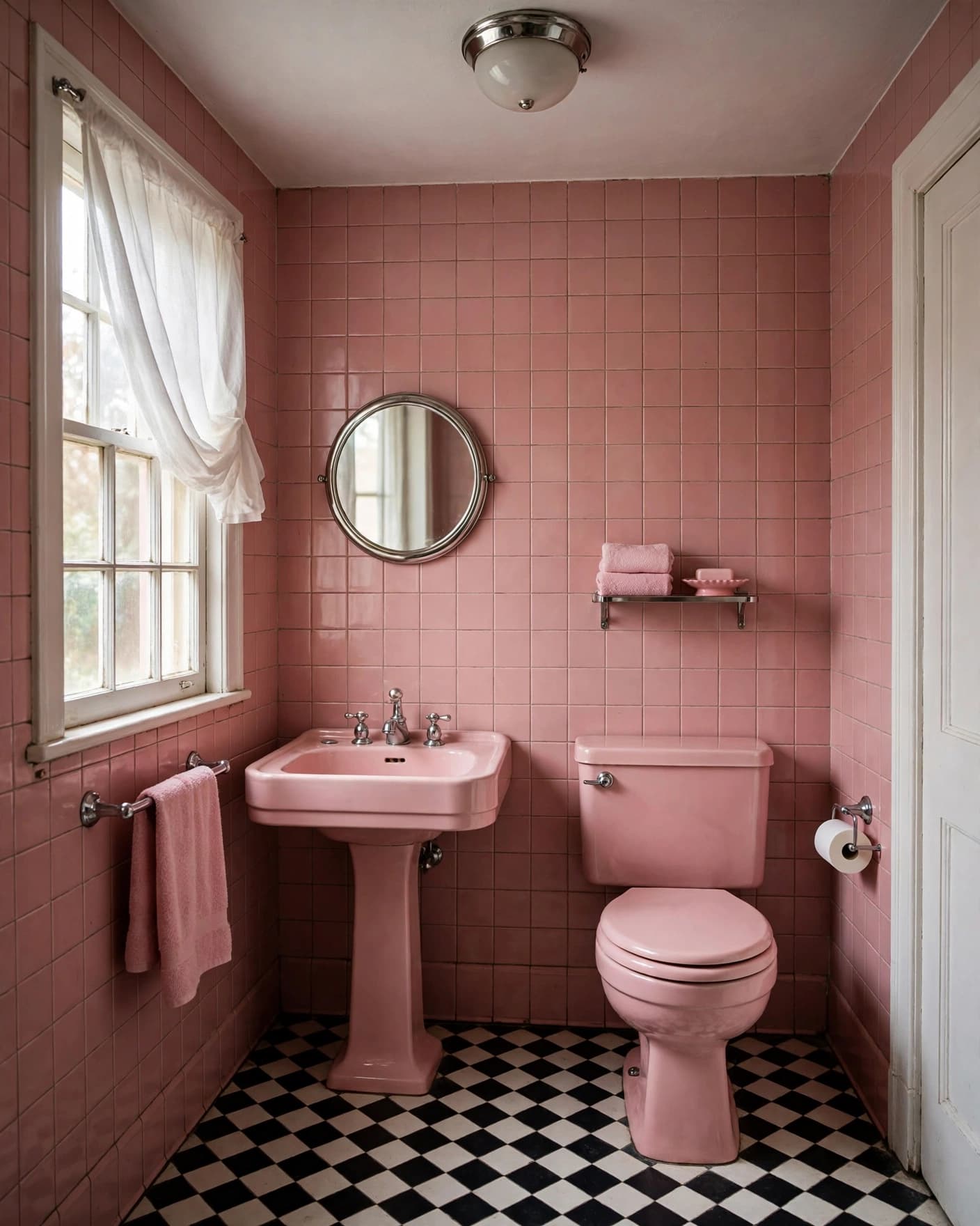 Small vintage pink bathroom with a pedestal sink, chrome fixtures, and checkerboard flooring.