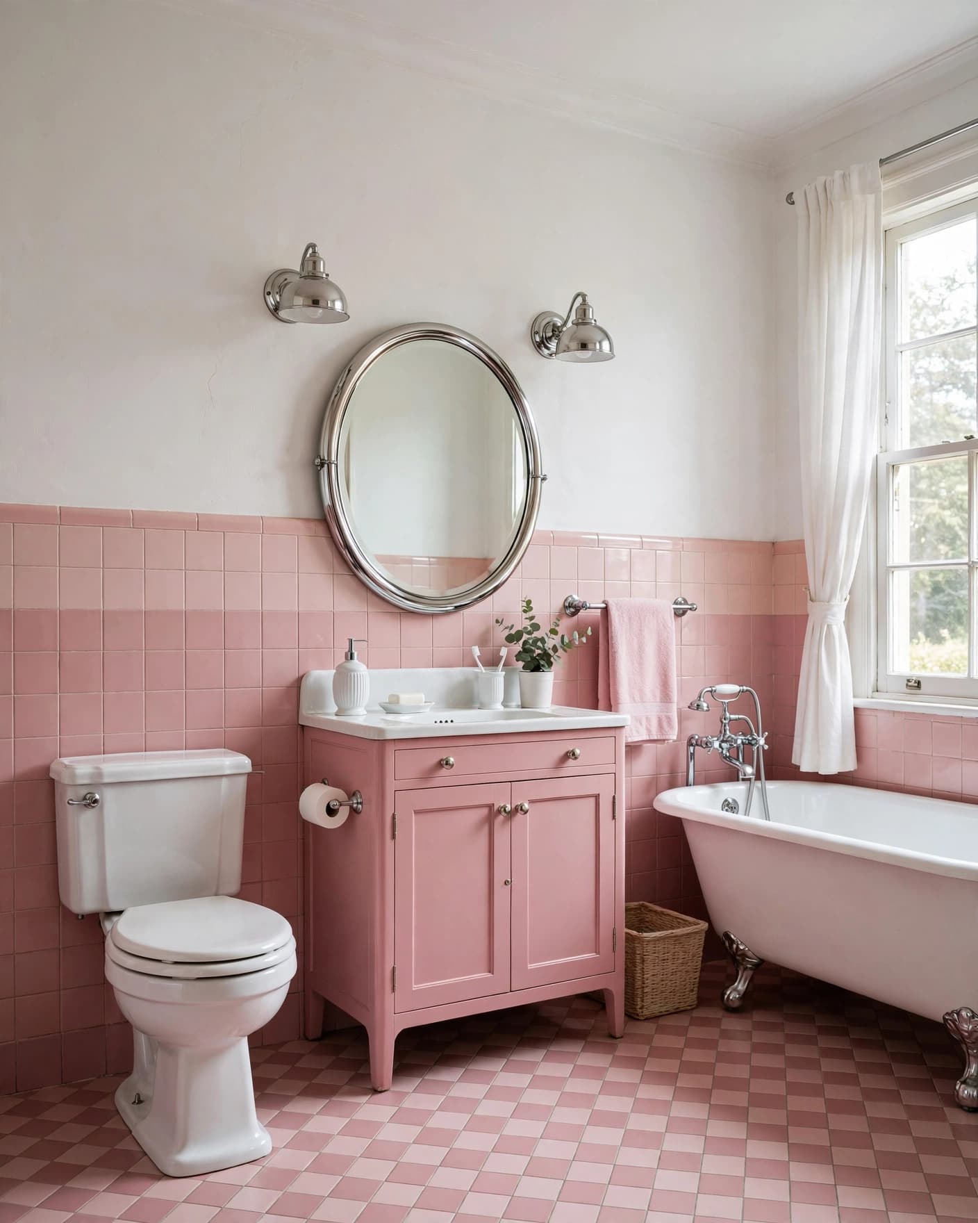 Vintage pink bathroom with two-tone tile, a chrome mirror, and white porcelain accessories.
