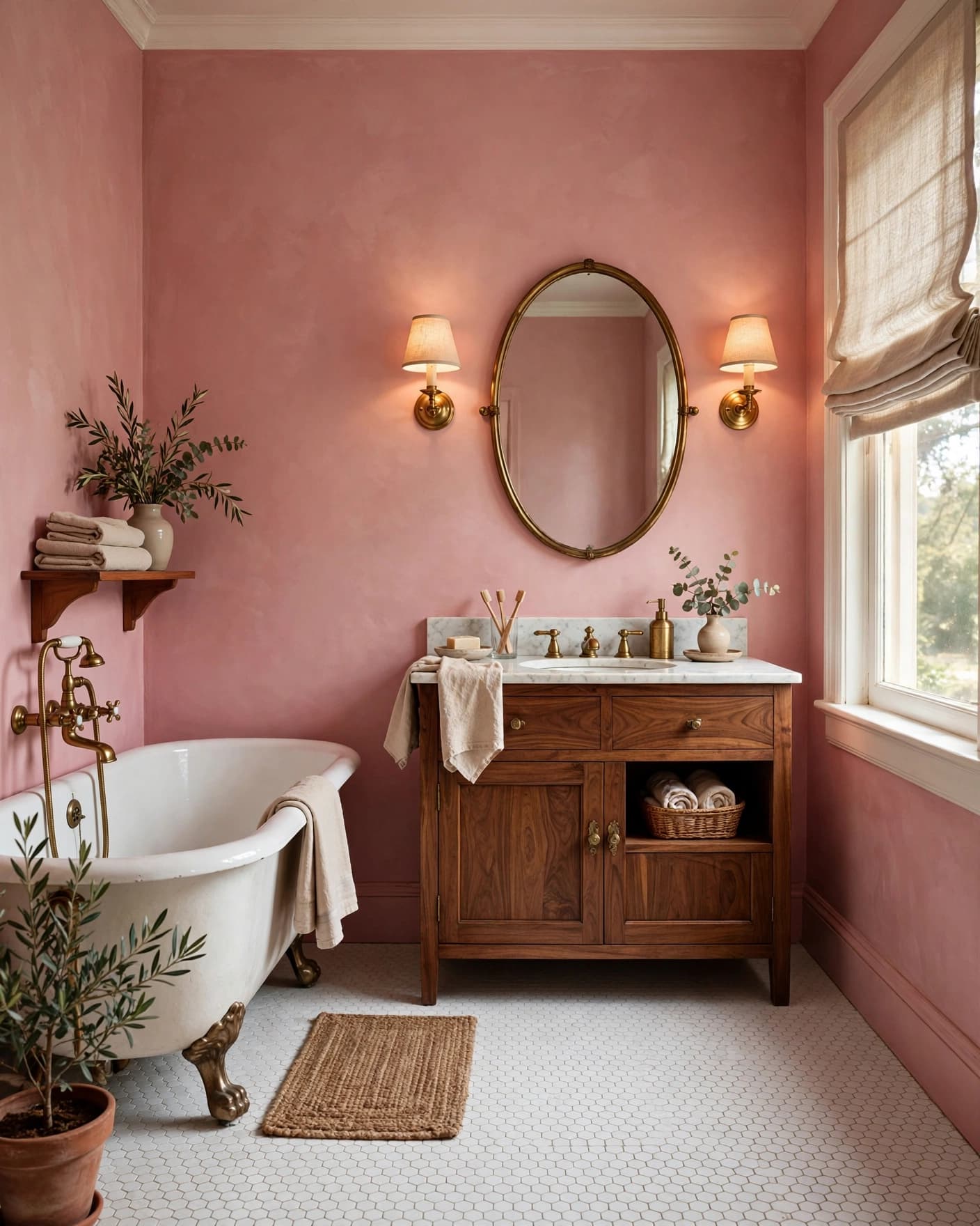 Vintage pink bathroom with a walnut vanity, brass mirror, and white tile floor.