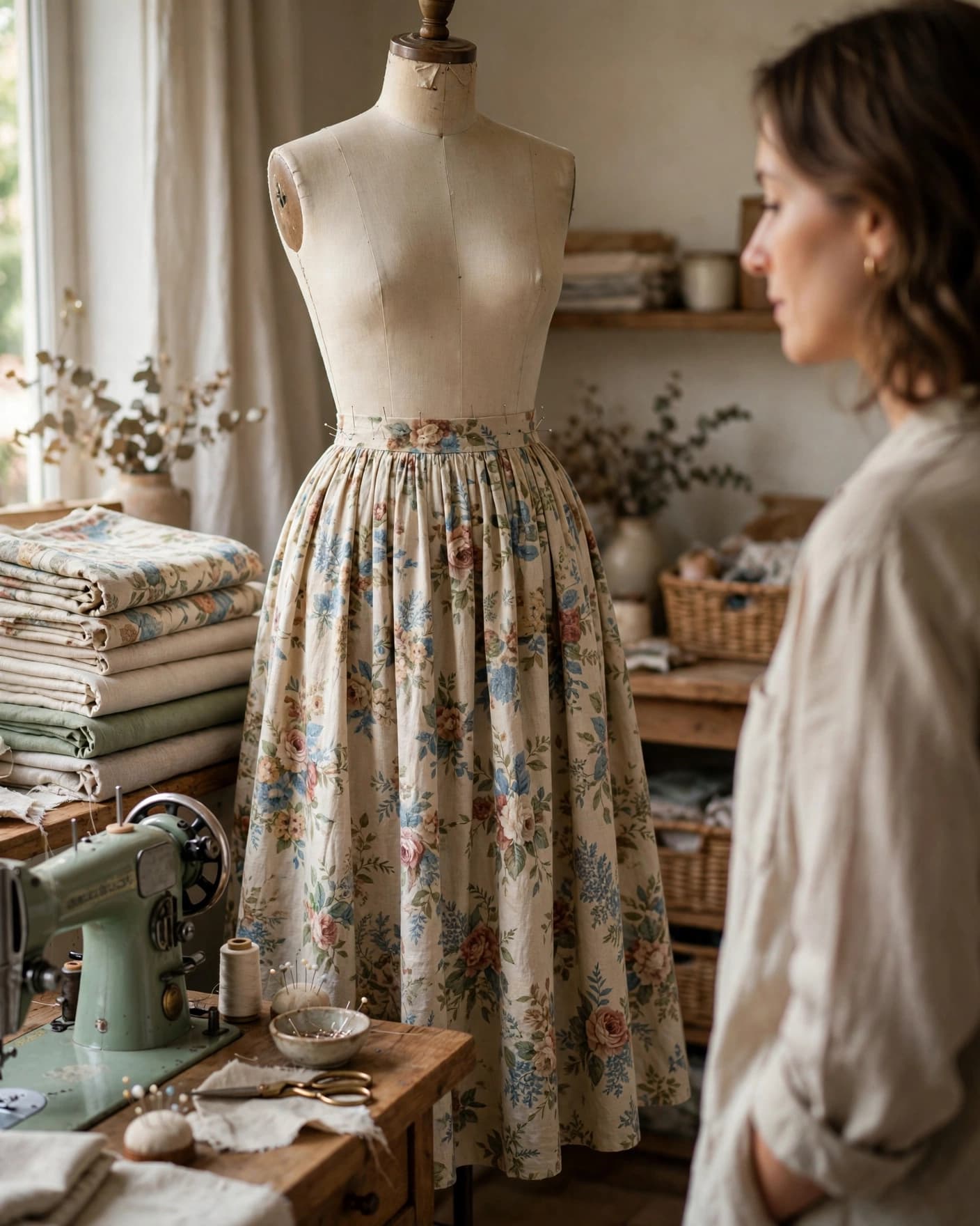 A floral midi skirt on a dress form beside fabric and a sewing machine.