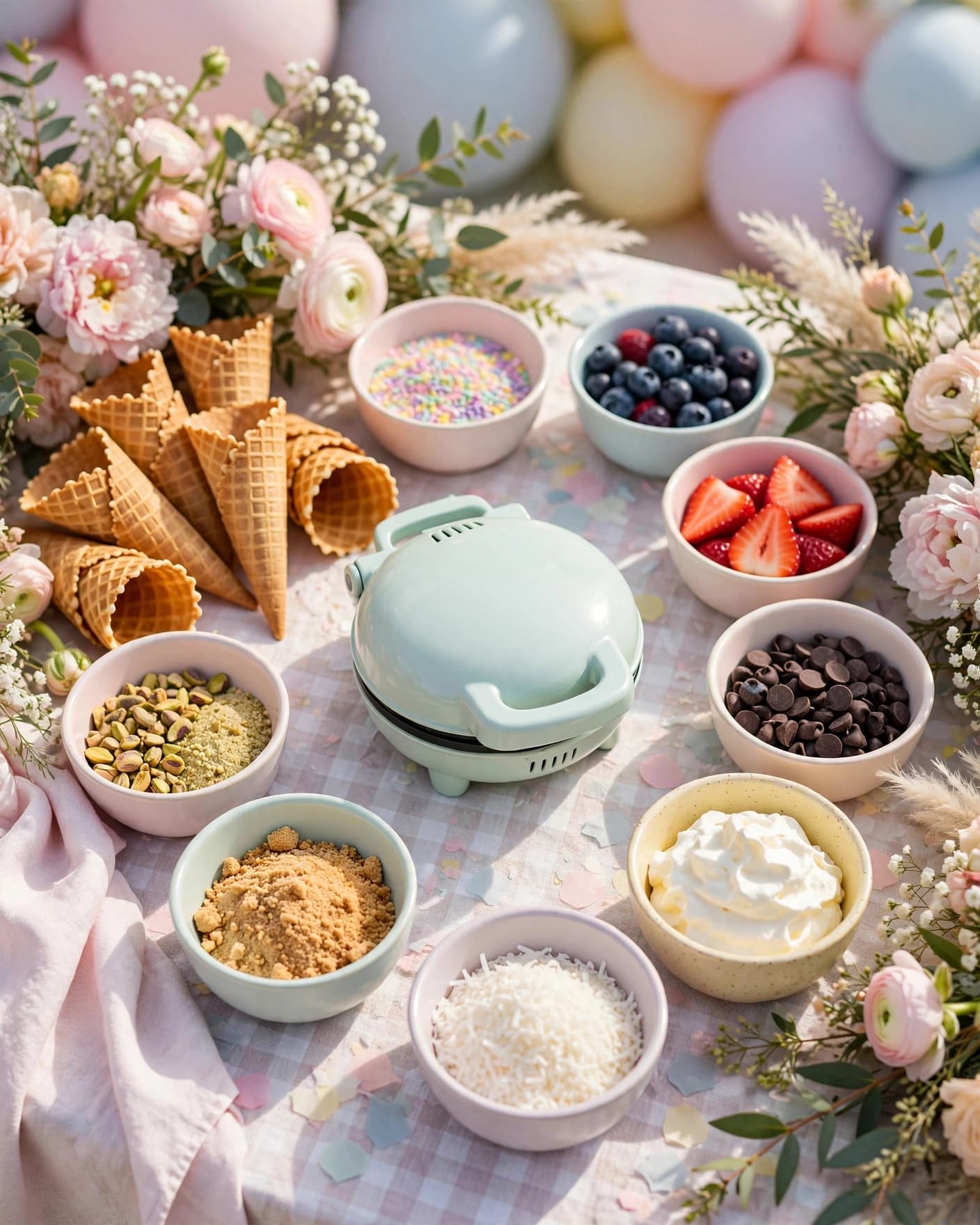 A waffle cone maker with dessert toppings on a pastel party table.