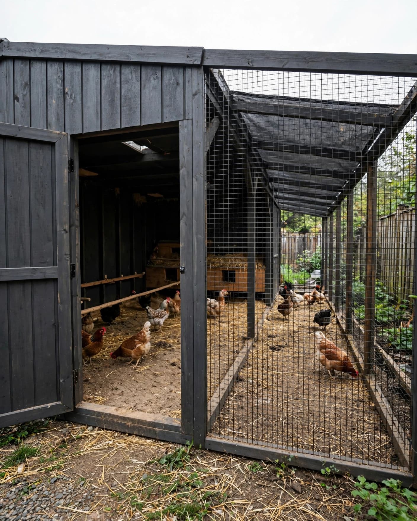 A charcoal walk-in chicken coop with a covered run and chickens beside a garden fence.