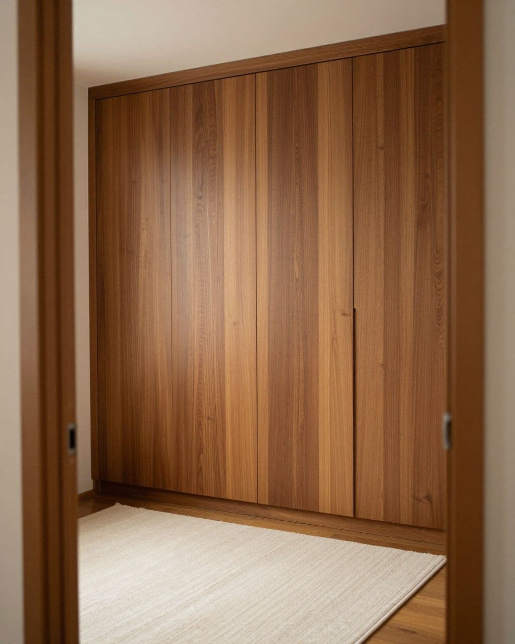 Small bedroom with a simple bed, cream rug, and hidden wardrobe in a wood-paneled wall.