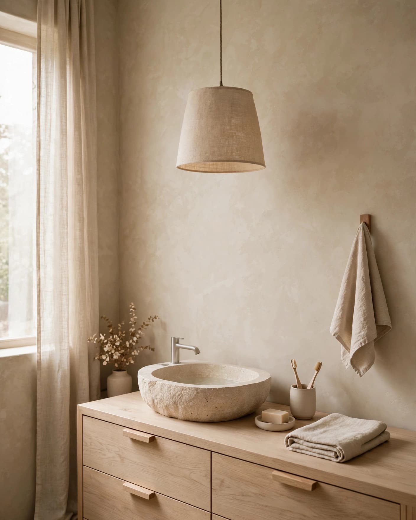 Warm beige bathroom with a wood vanity, stone sink, and linen pendant light.