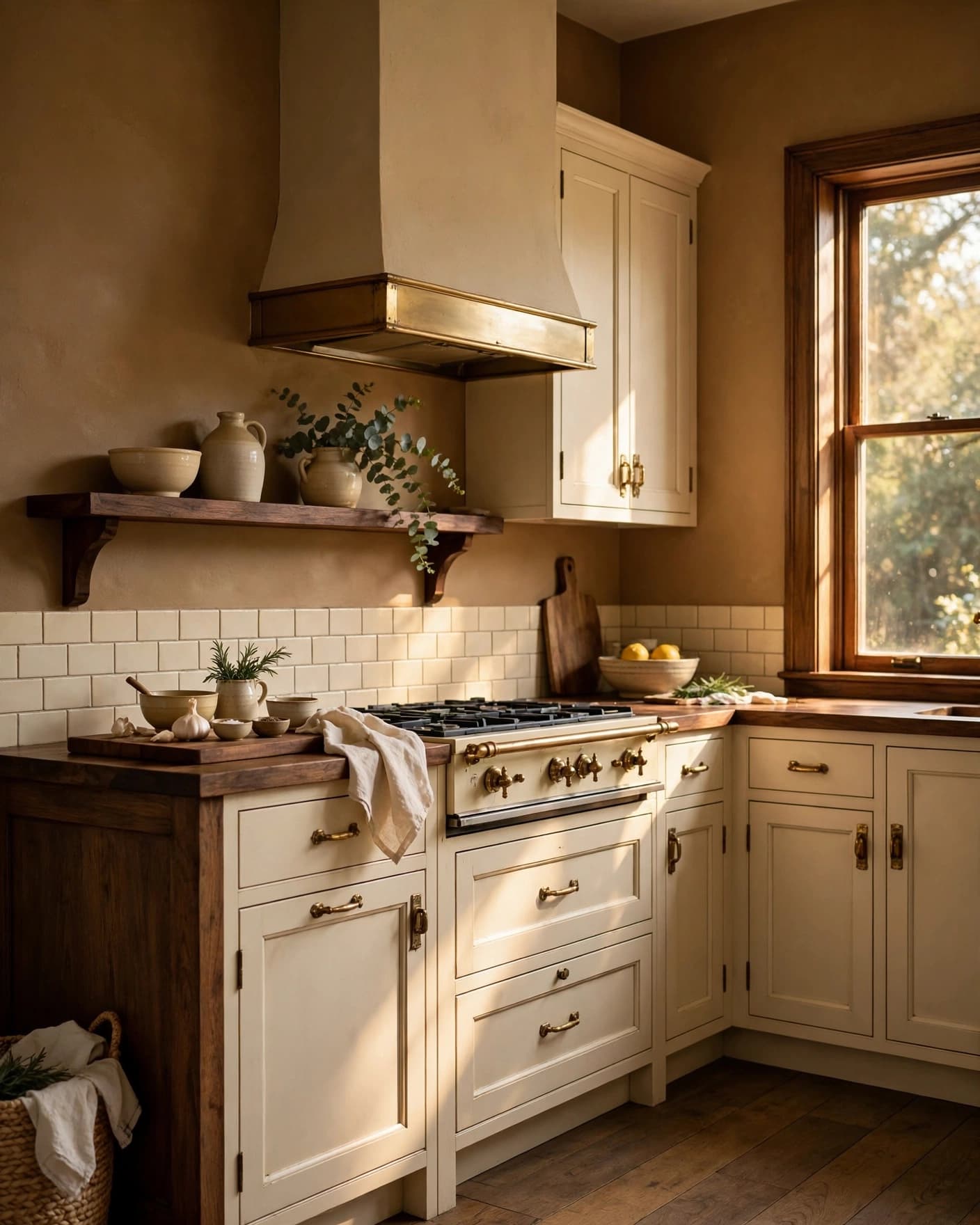 Warm brown kitchen with cream cabinets, dark wood accents, and brass hardware.