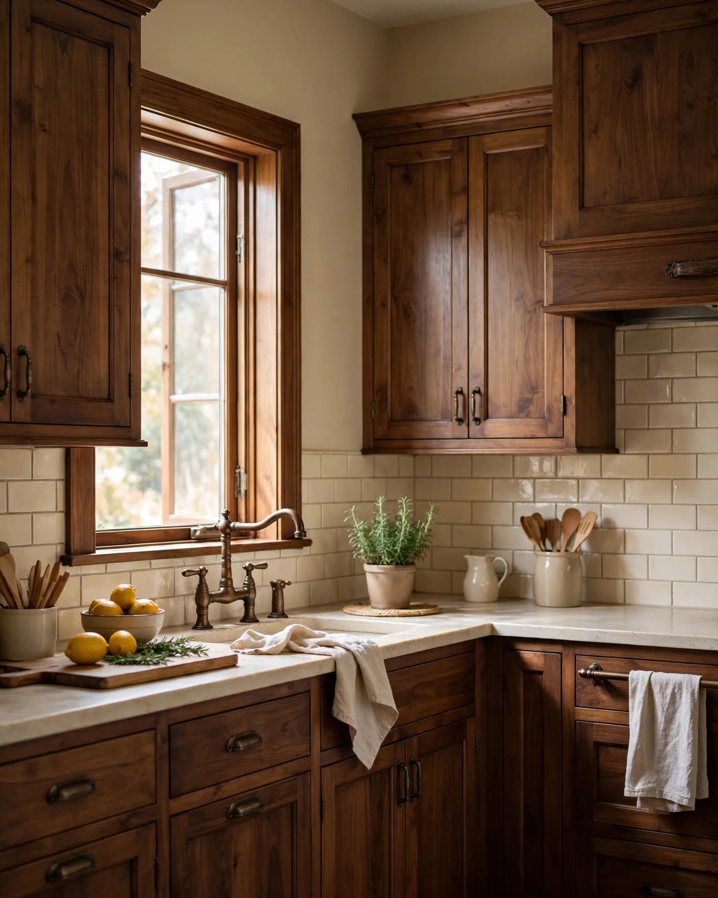 Warm greige kitchen with walnut cabinets, cream backsplash, and bronze fixtures.