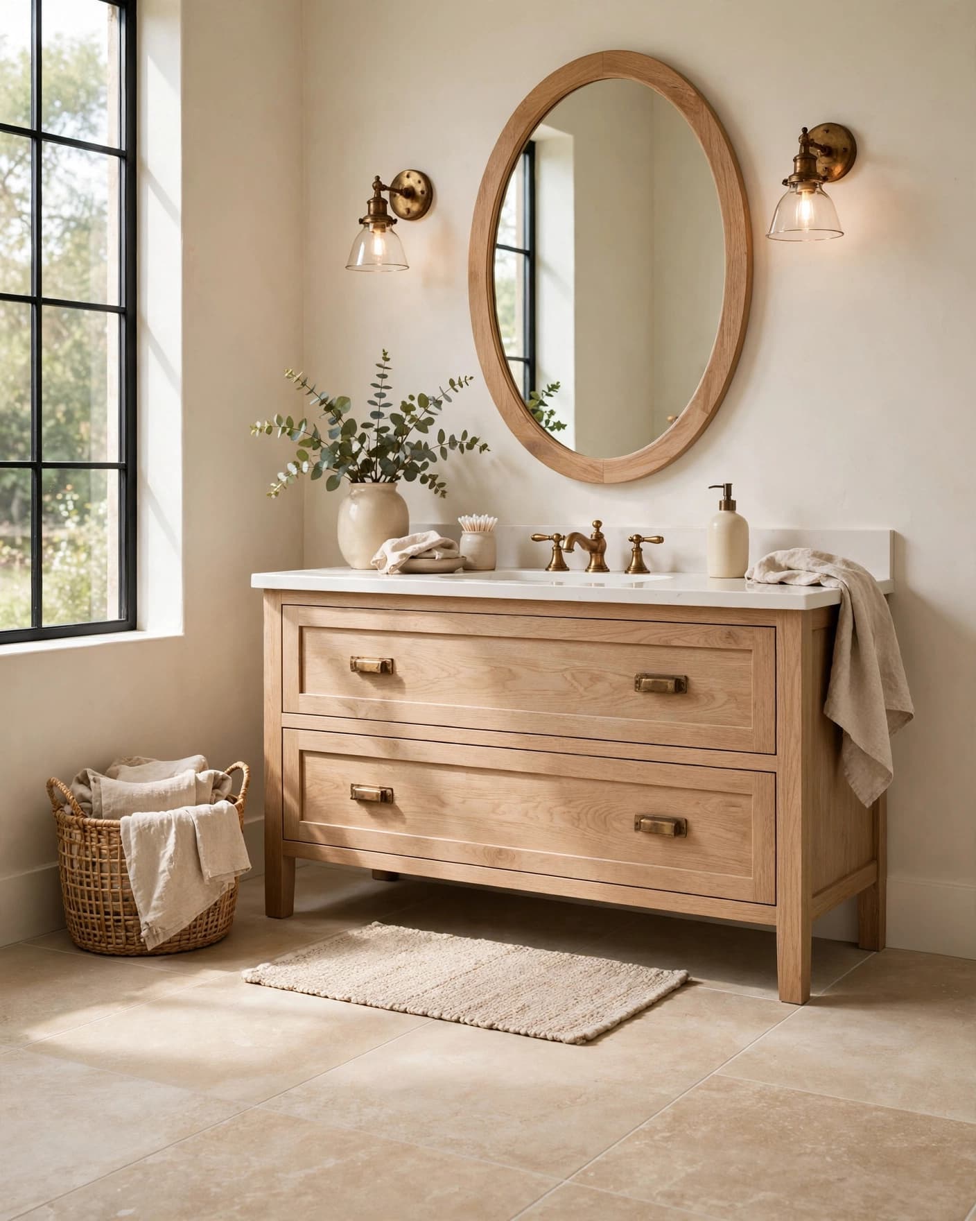 Modern bathroom with warm stone-look flooring, a white oak vanity, brass sconces, and linen towels.