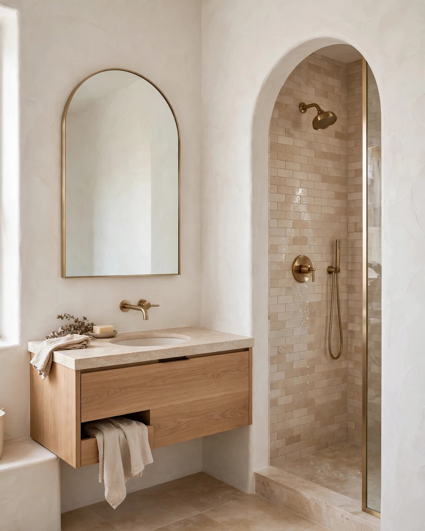 Modern bathroom with warm plaster walls, an arched niche, oak vanity, and brass fixtures.