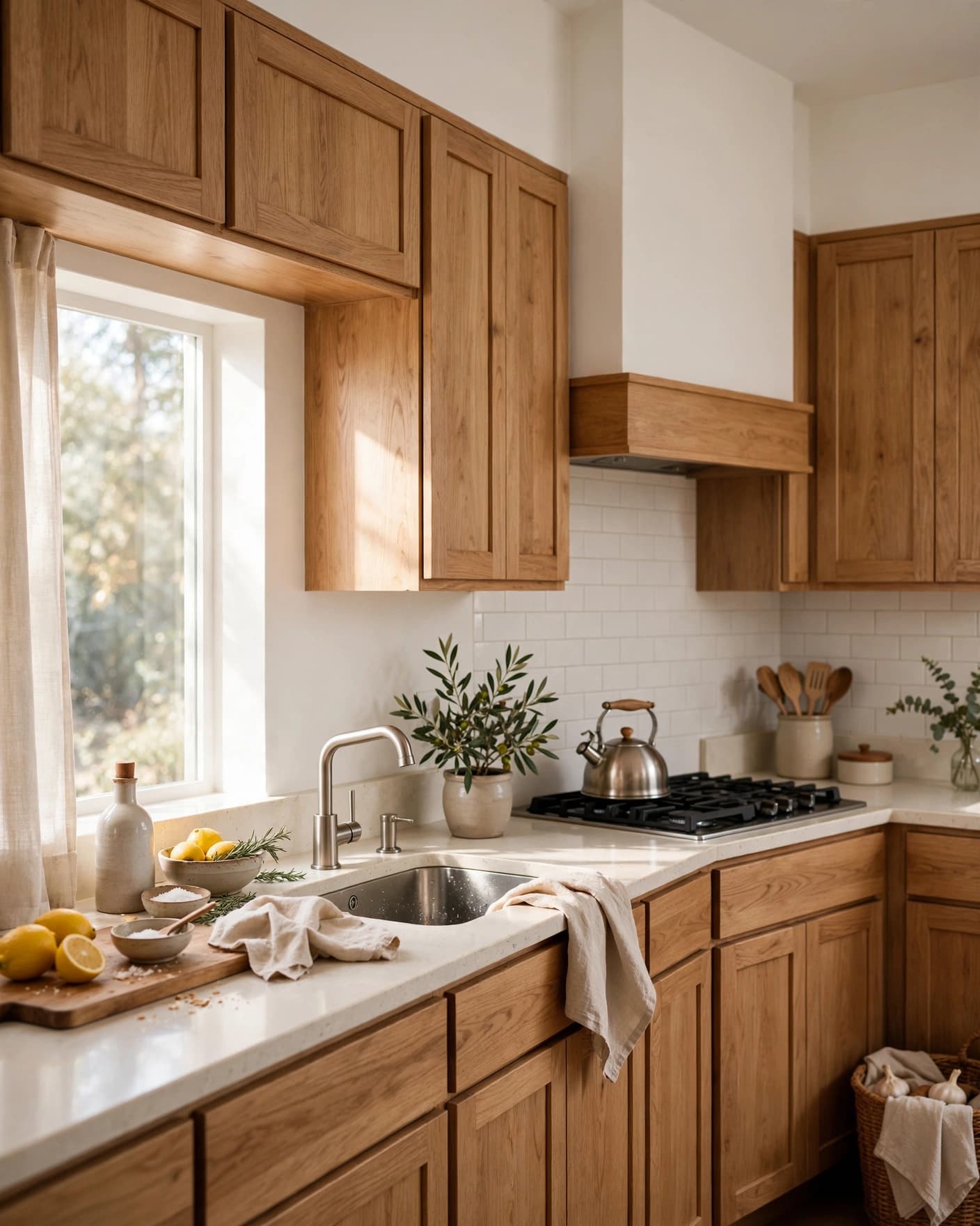 Bright kitchen with warm white walls, oak cabinets, and creamy counters in morning light.