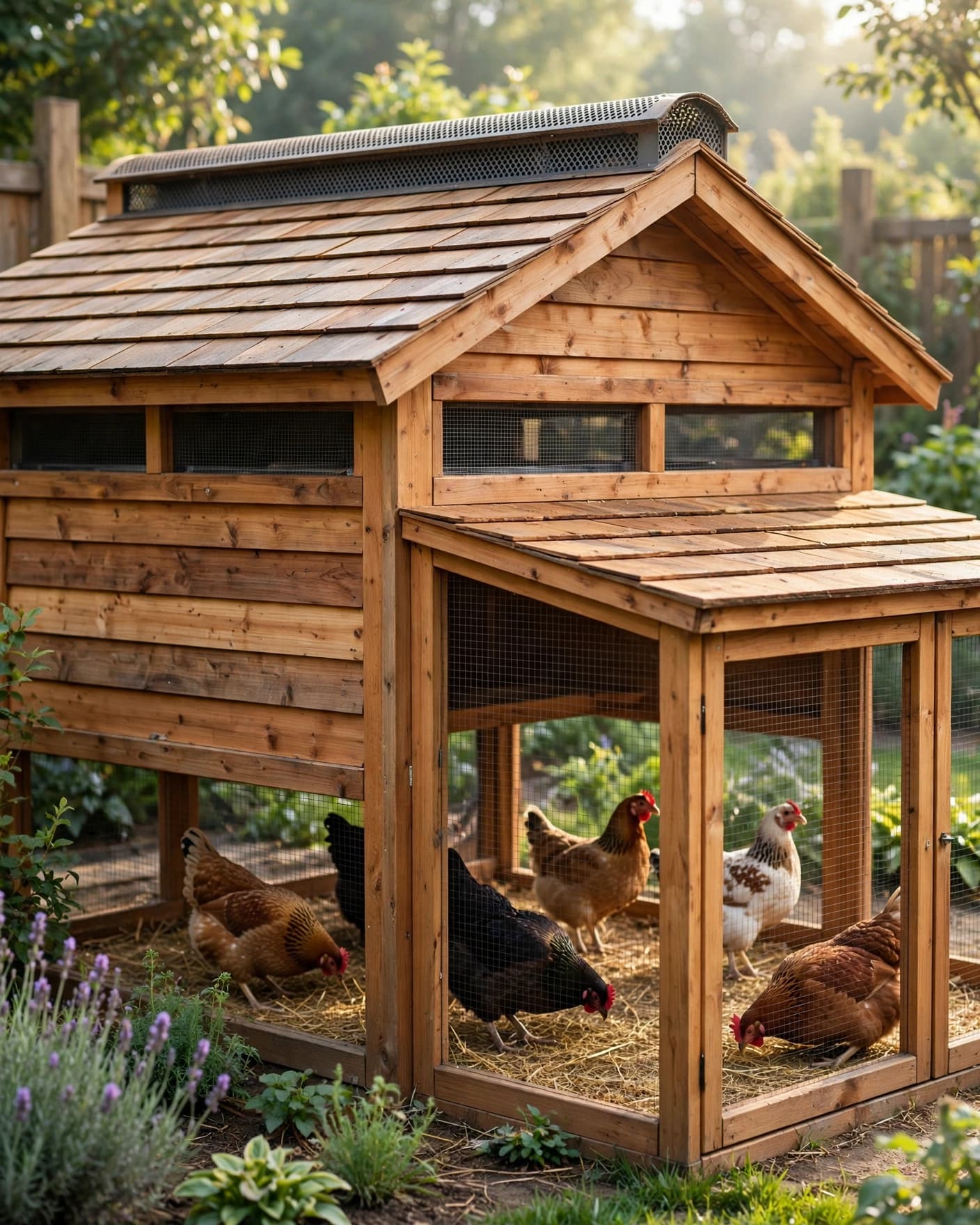 Cedar chicken coop with screened vents, a covered run, and hens in a sunny backyard.