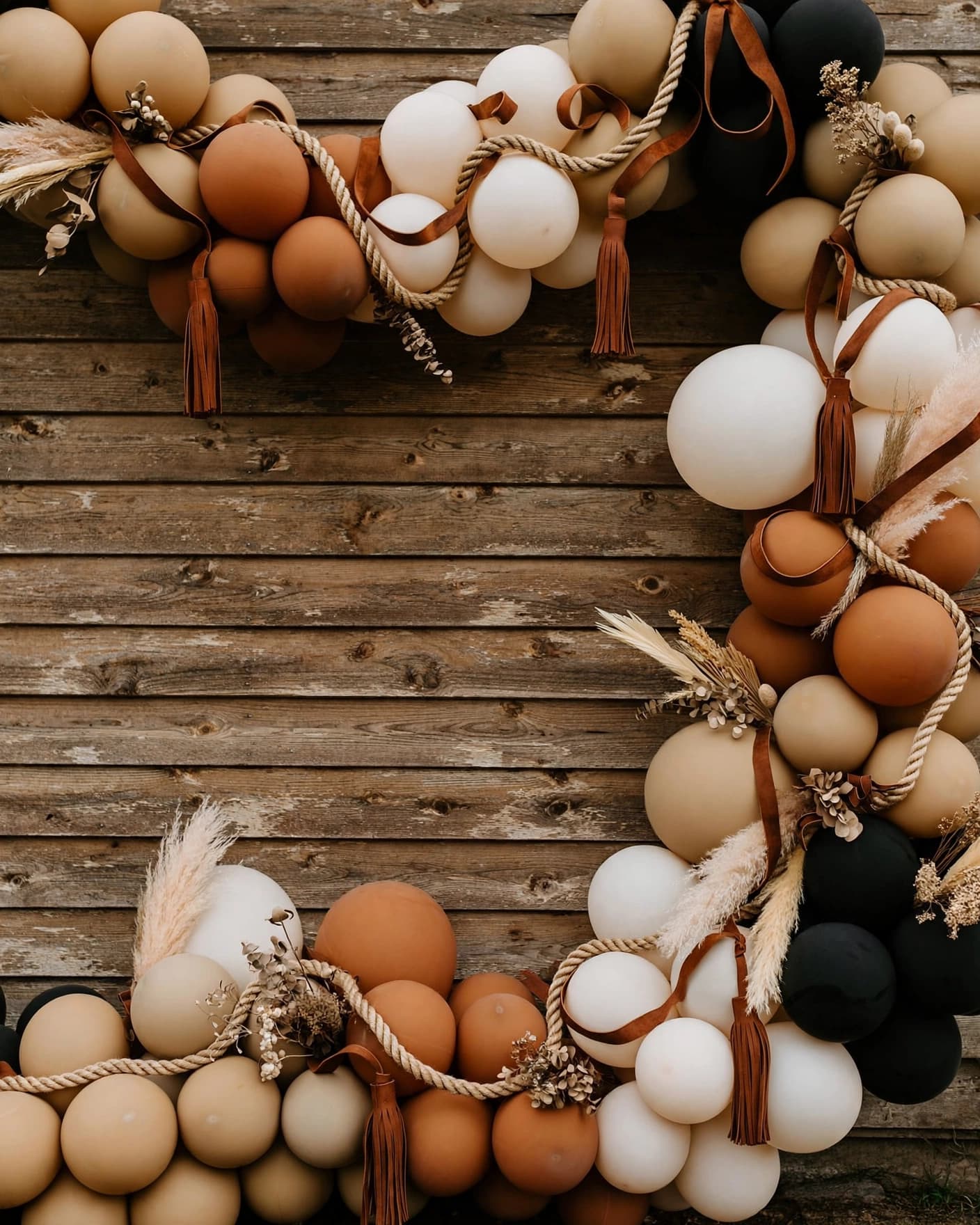 Western balloon garland in earthy colors beside a rustic wood backdrop.