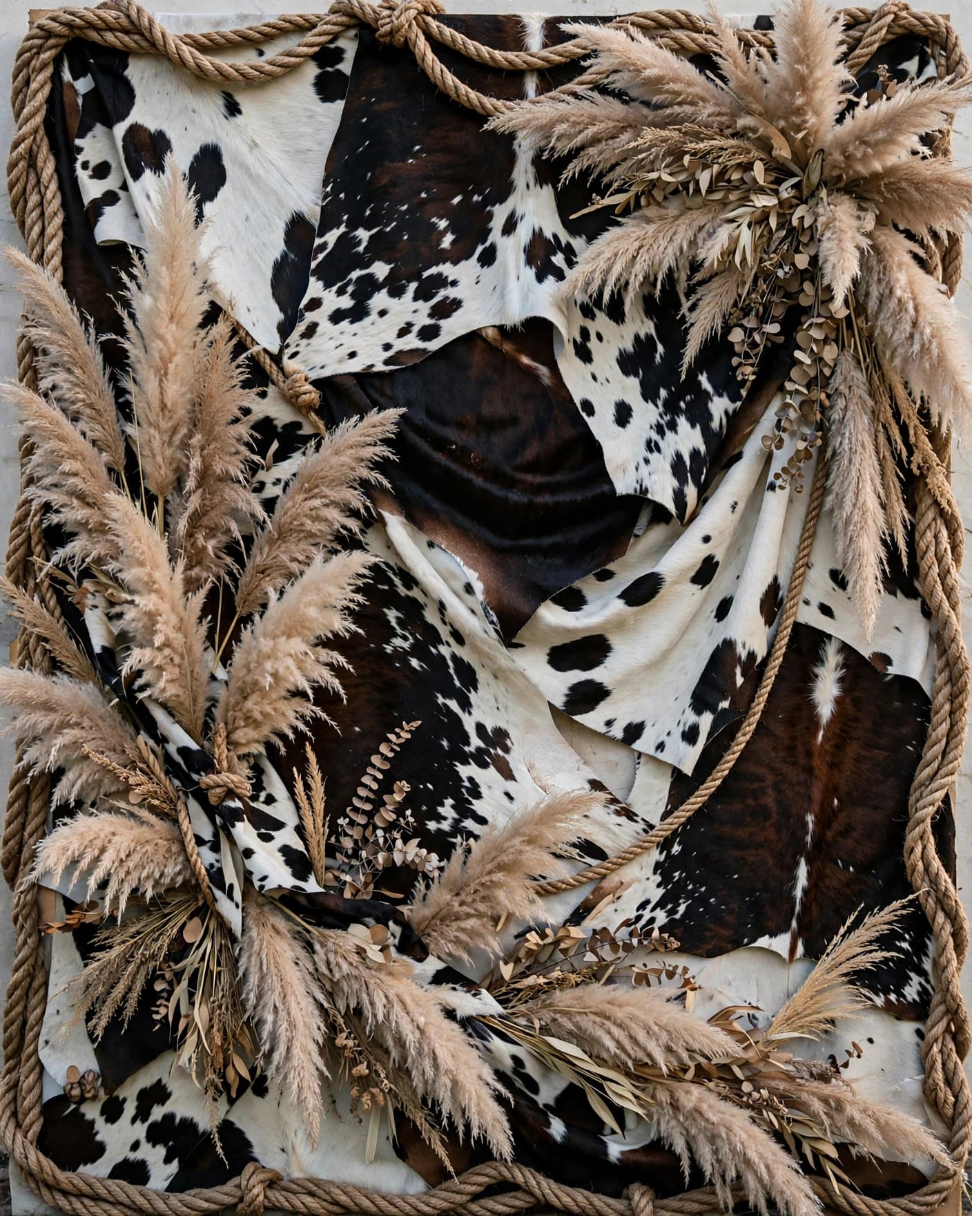 Cowhide-pattern party wall with rope trim and dried pampas grass.