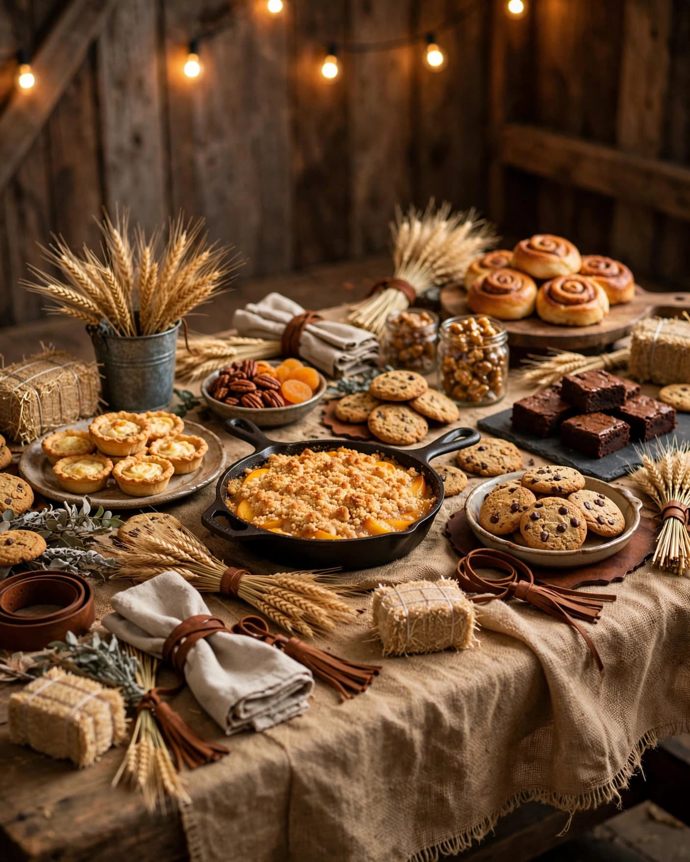 Rustic dessert table with hay bales, dried wheat, and leather accents.