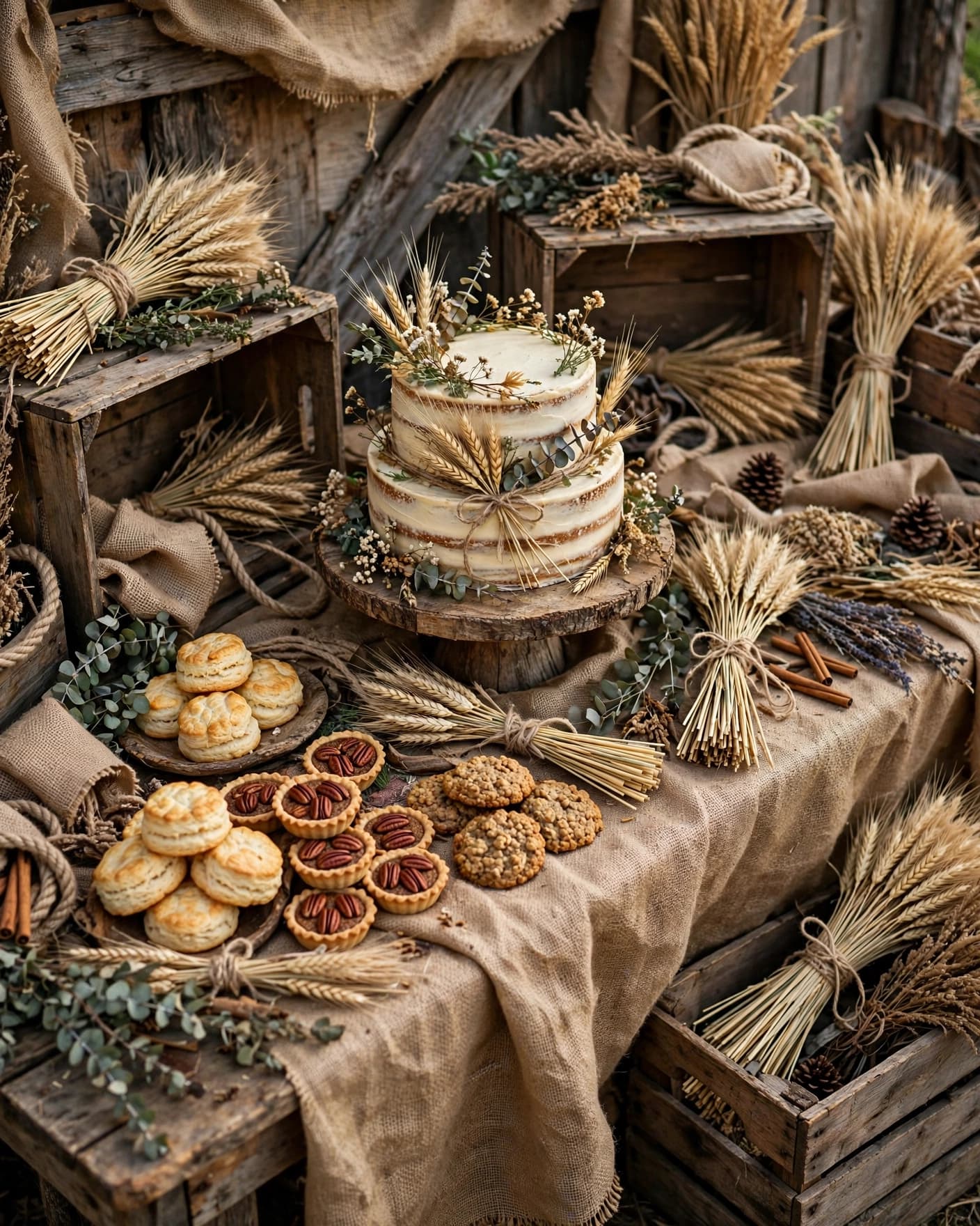 A cake stand displays a frosted cake, wheat, burlap, and wooden crates.