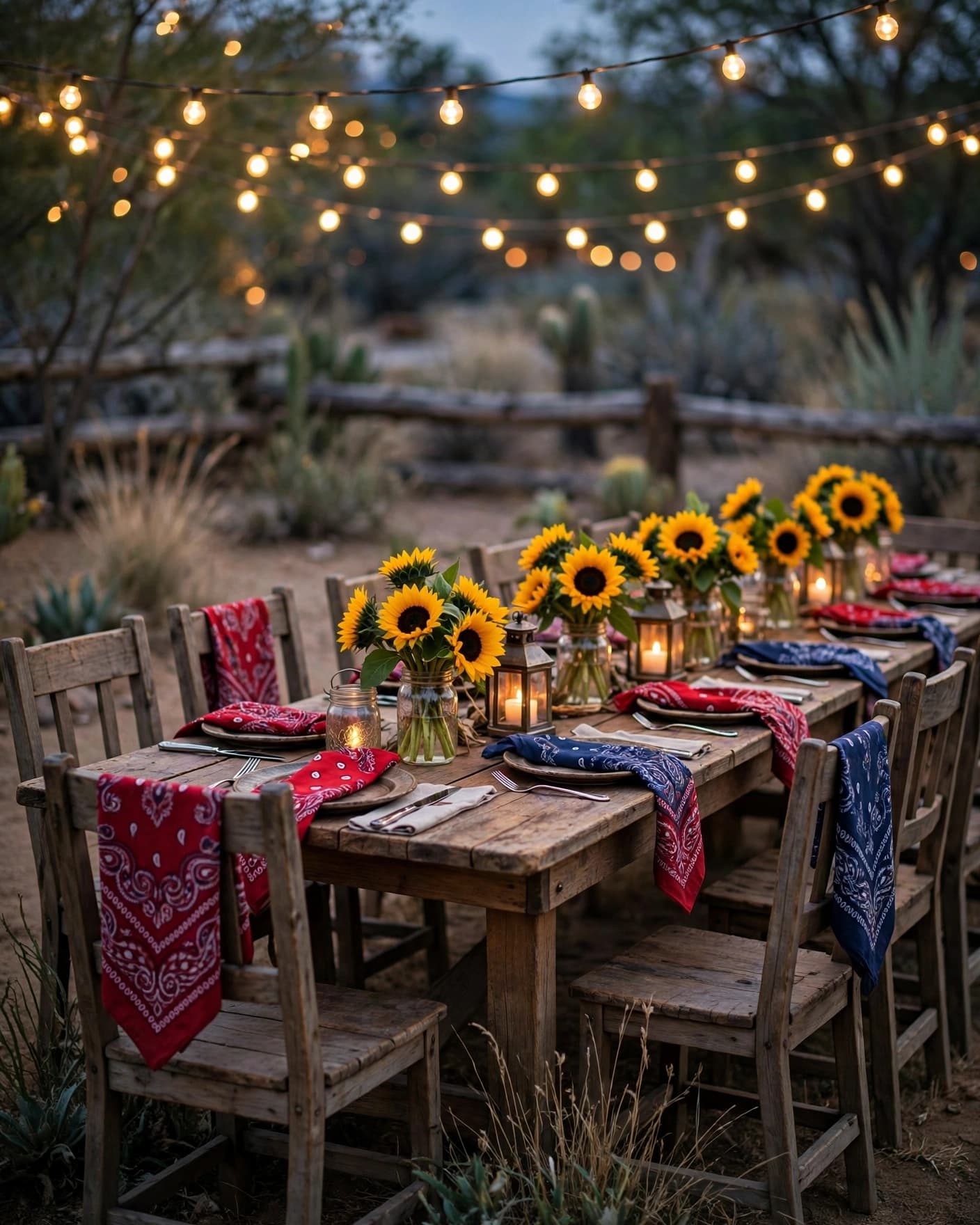 Outdoor Western dinner table with lanterns, bandanas, sunflowers, and string lights.