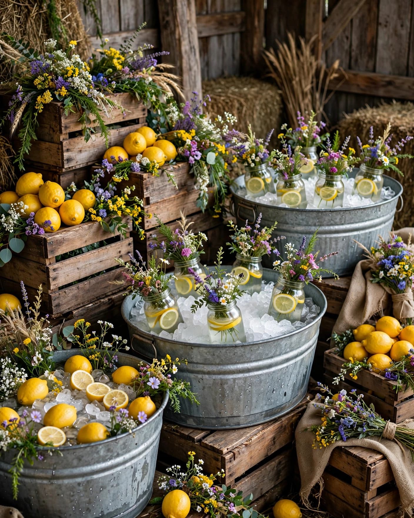 Rustic drink station with mason jars, metal tubs, lemons, and flowers by a barn.